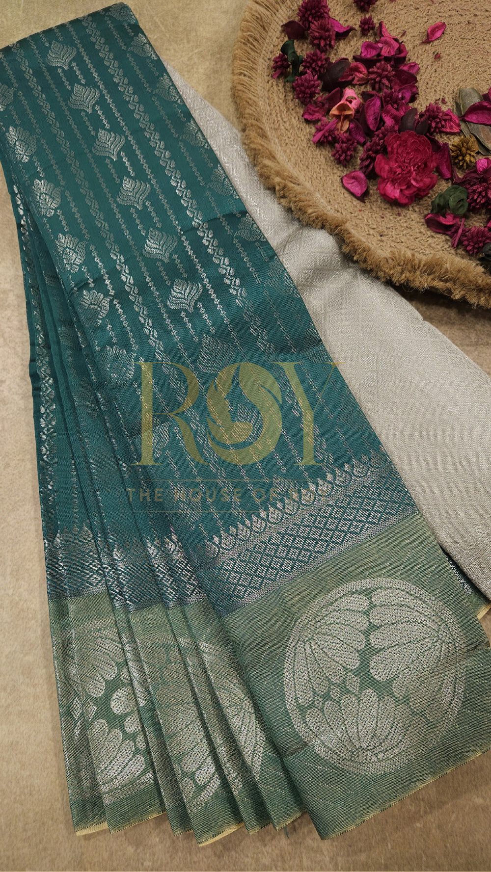 Emerald green with grey silver zari Mix silk saree
