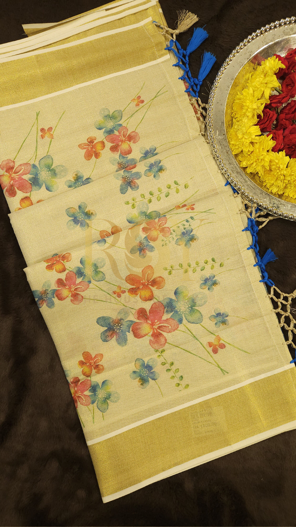 Multicolour Floral Tissue Silk Kasavu Saree