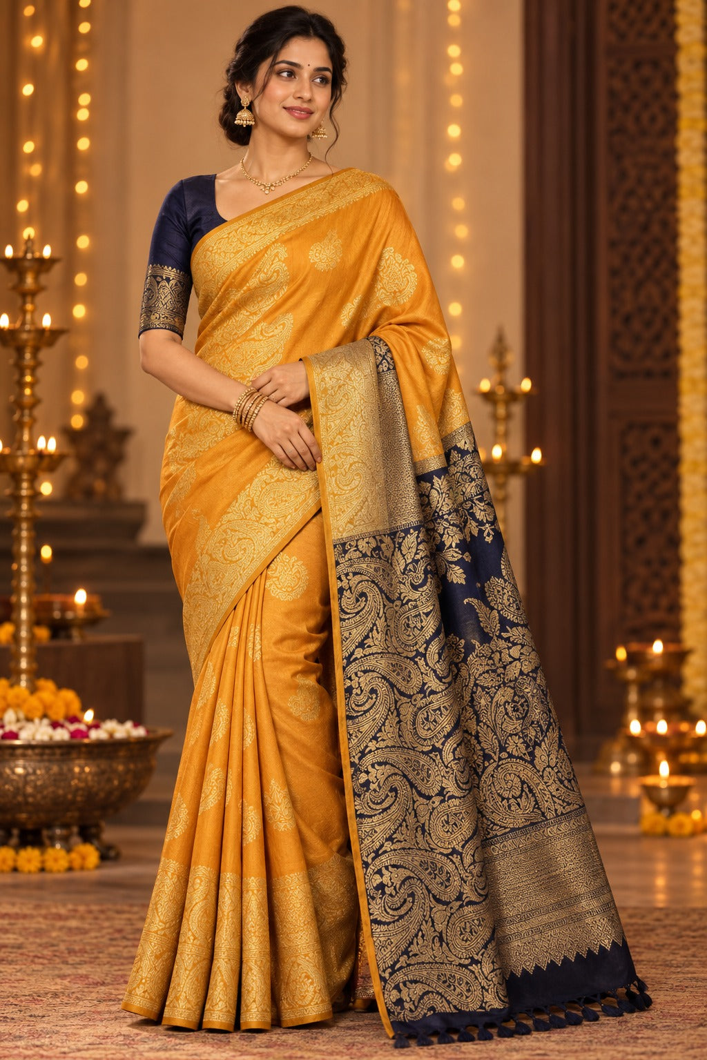 Golden Mustard Fancy Border Soft Silk Saree