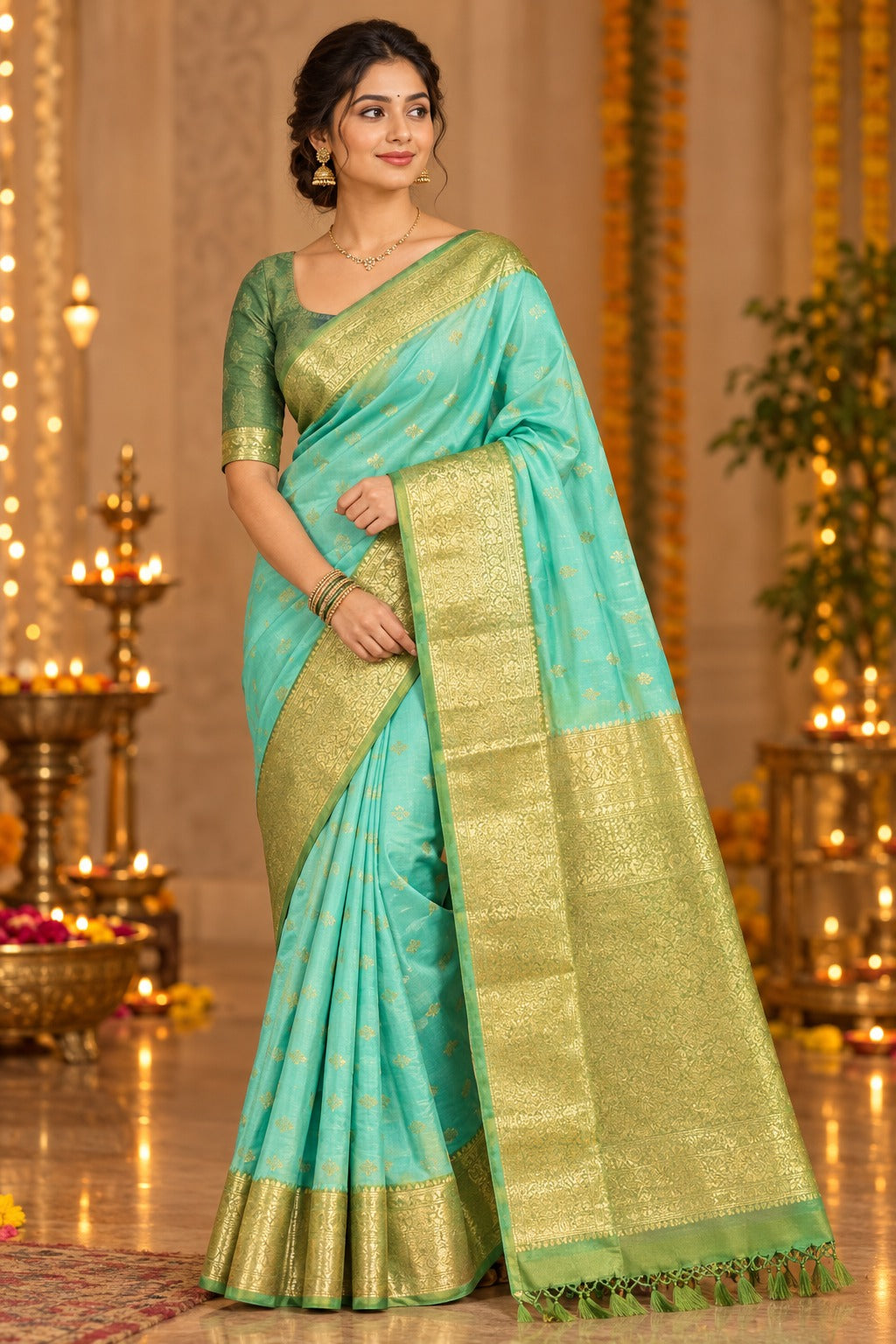 Light Aquamarine 1000 Butta Soft Silk Saree