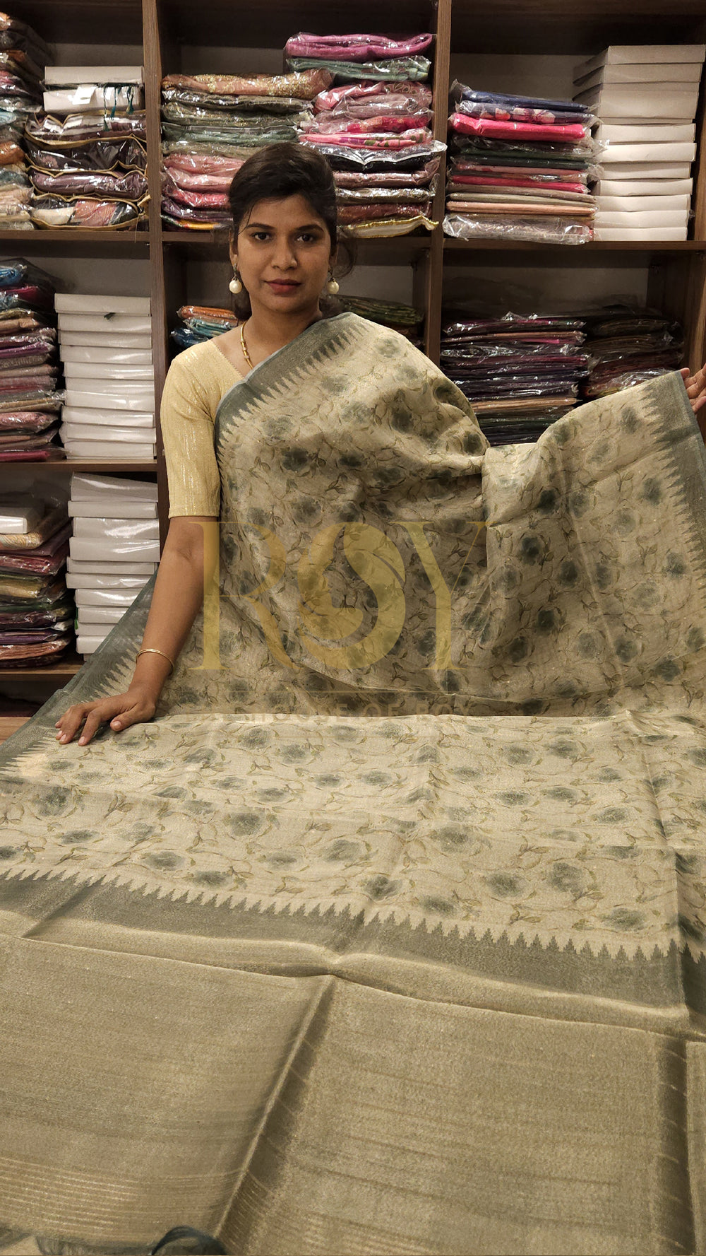 Green Floral Digital Print Tissue Saree