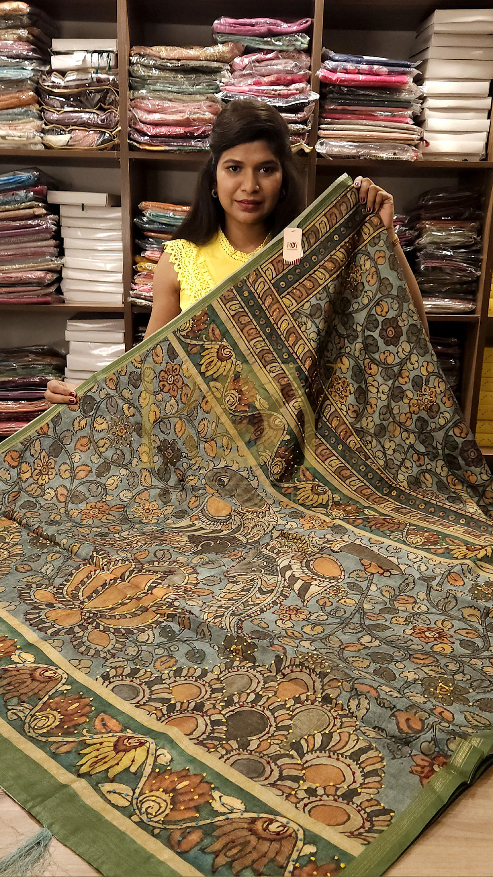 Green Kalamkari Bullion Knot Cotton Saree