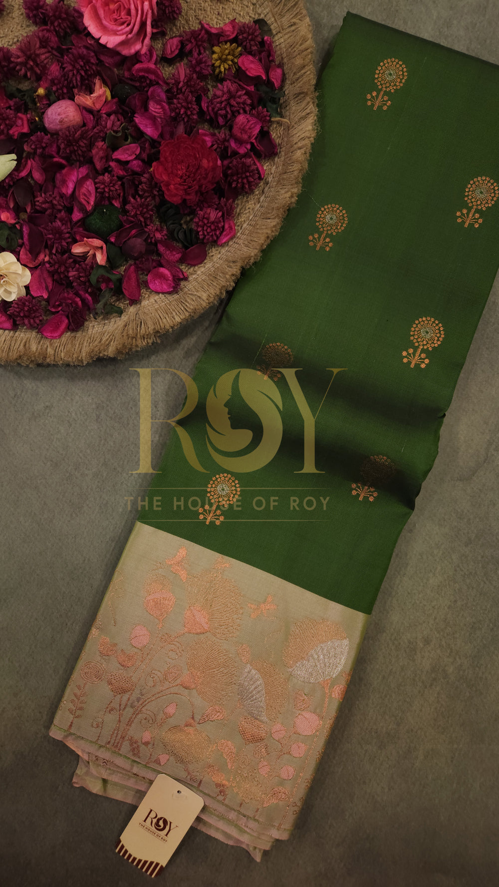 Leaf Green Pure Silk Saree with Copper Jari Butta