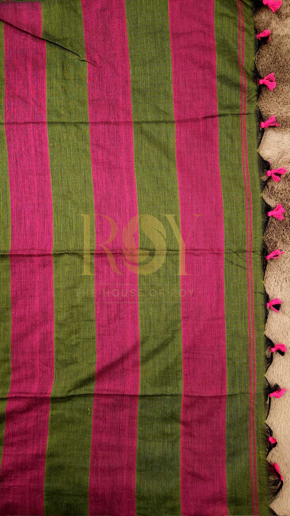 Green with Magenta Striped Khadi Mul Cotton Saree