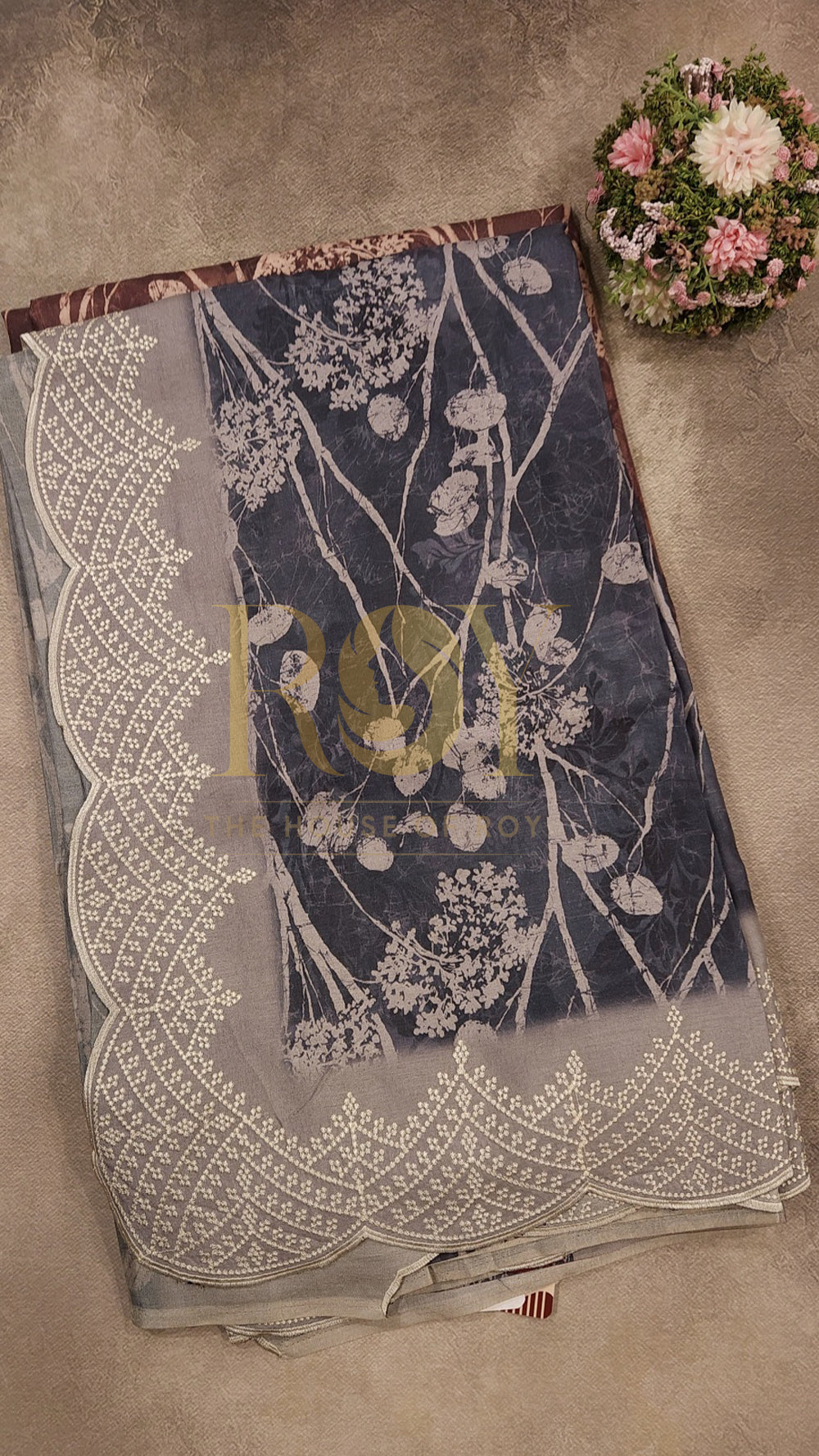 Grey Print Mix Tussar Saree