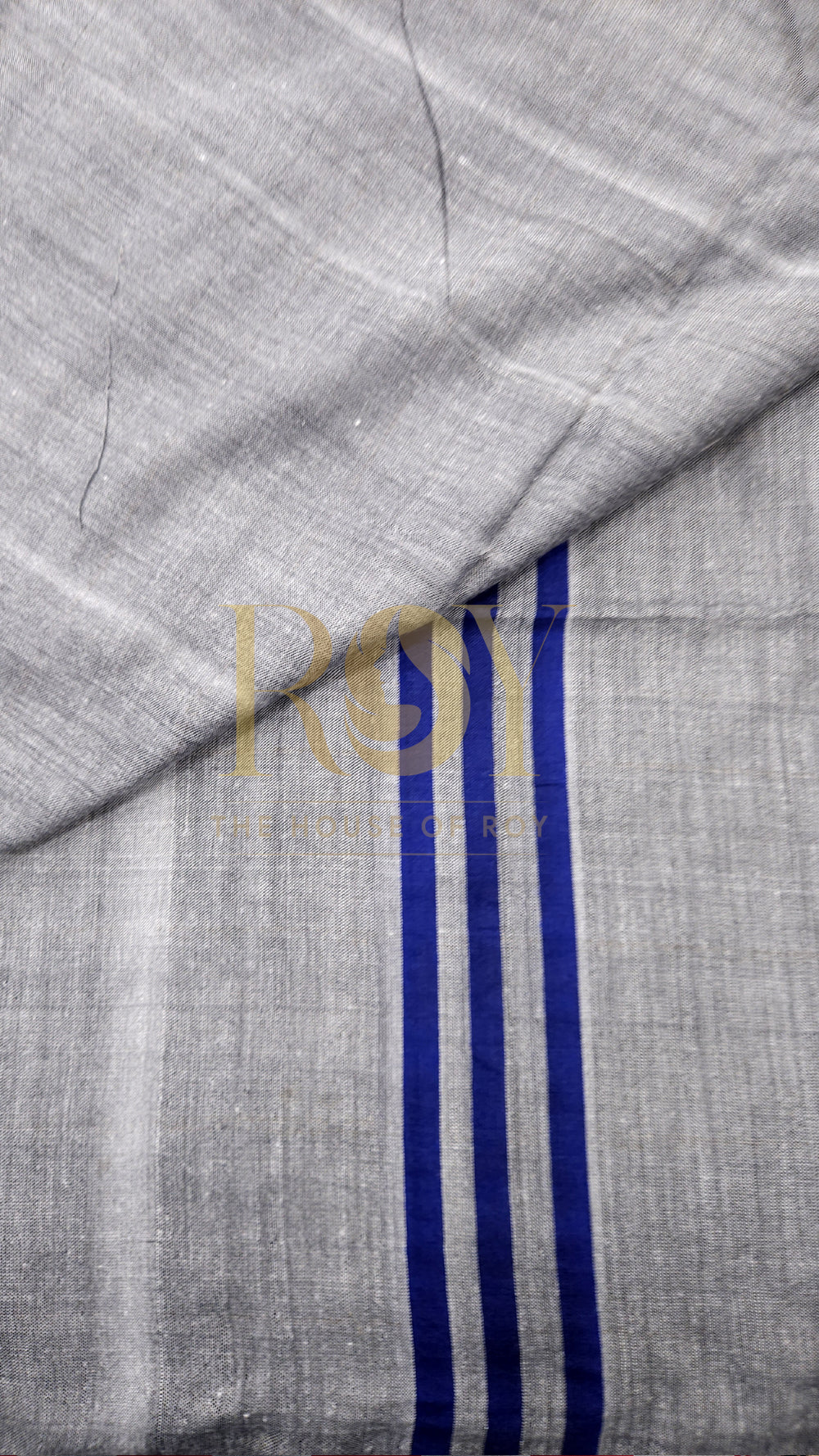 Grey with Blue Striped Khadi Mul Cotton Saree