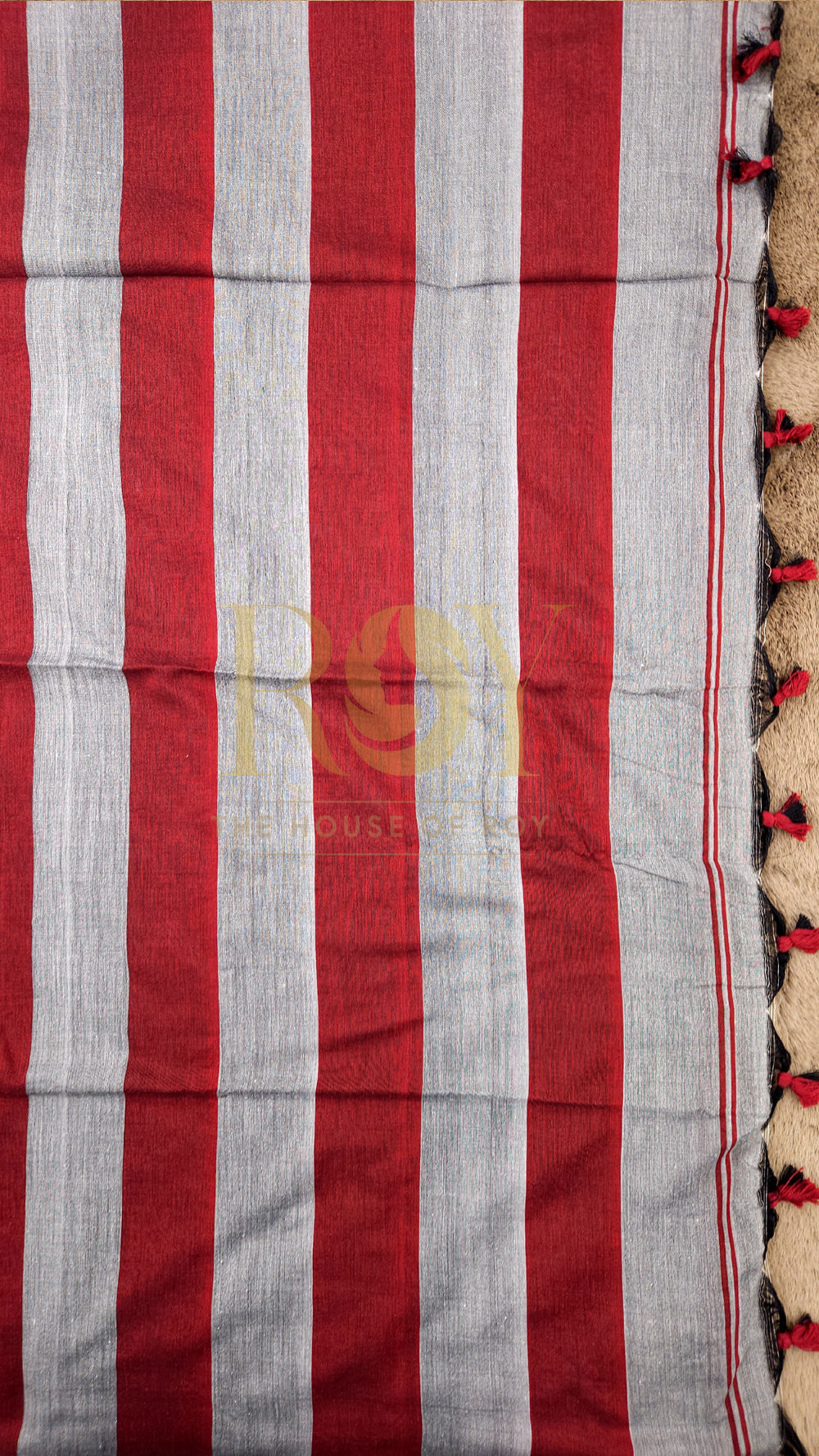 Grey with Maroon Striped Khadi Mul Cotton Saree