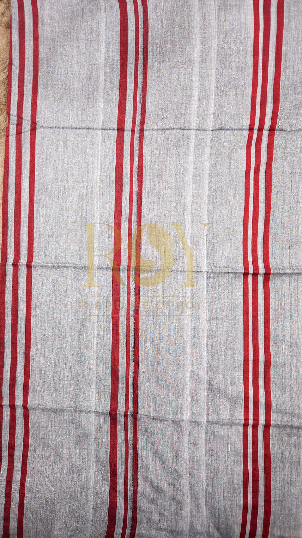 Grey with Maroon Striped Khadi Mul Cotton Saree