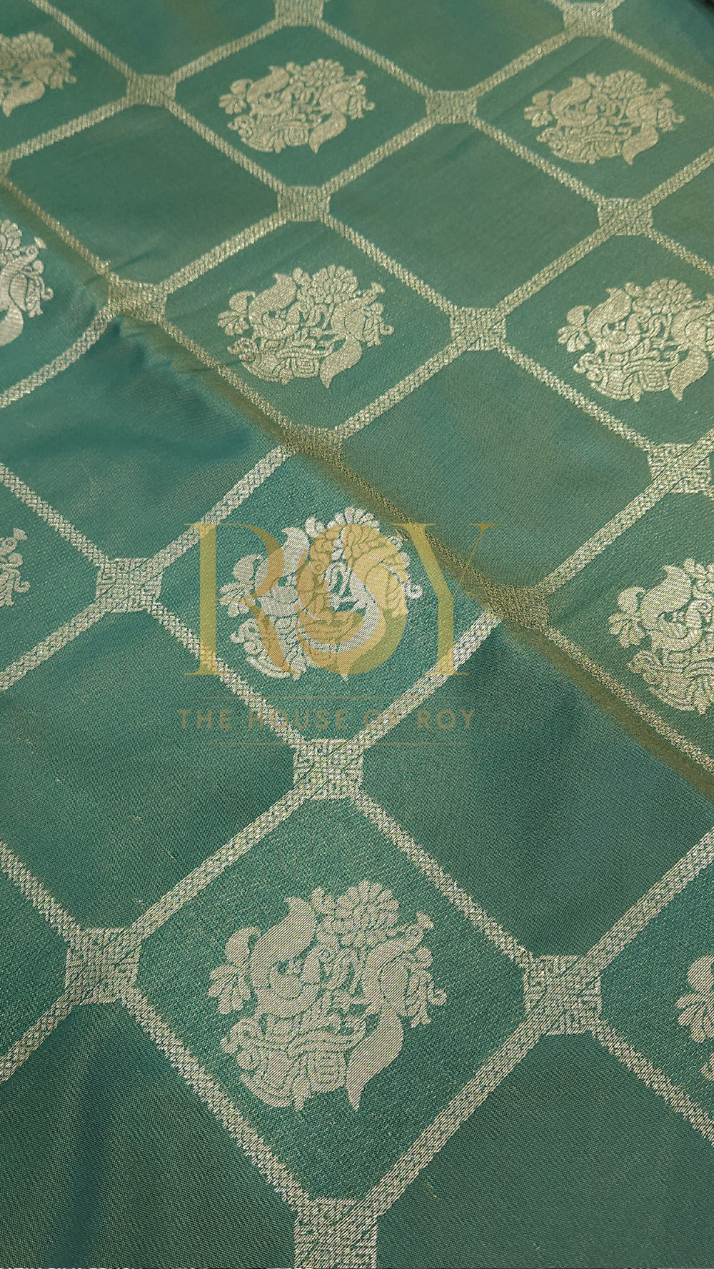 Jade green silver kattam zari Mix soft silk