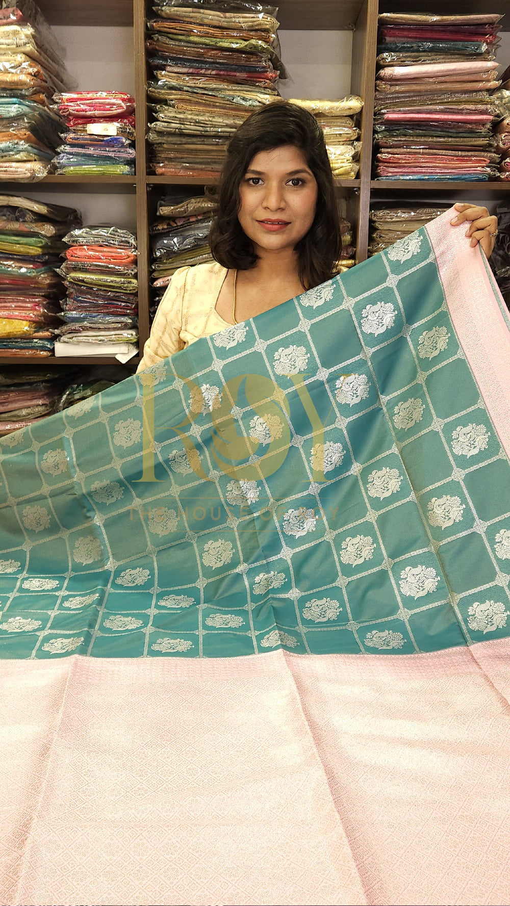 Jade green silver kattam zari Mix soft silk