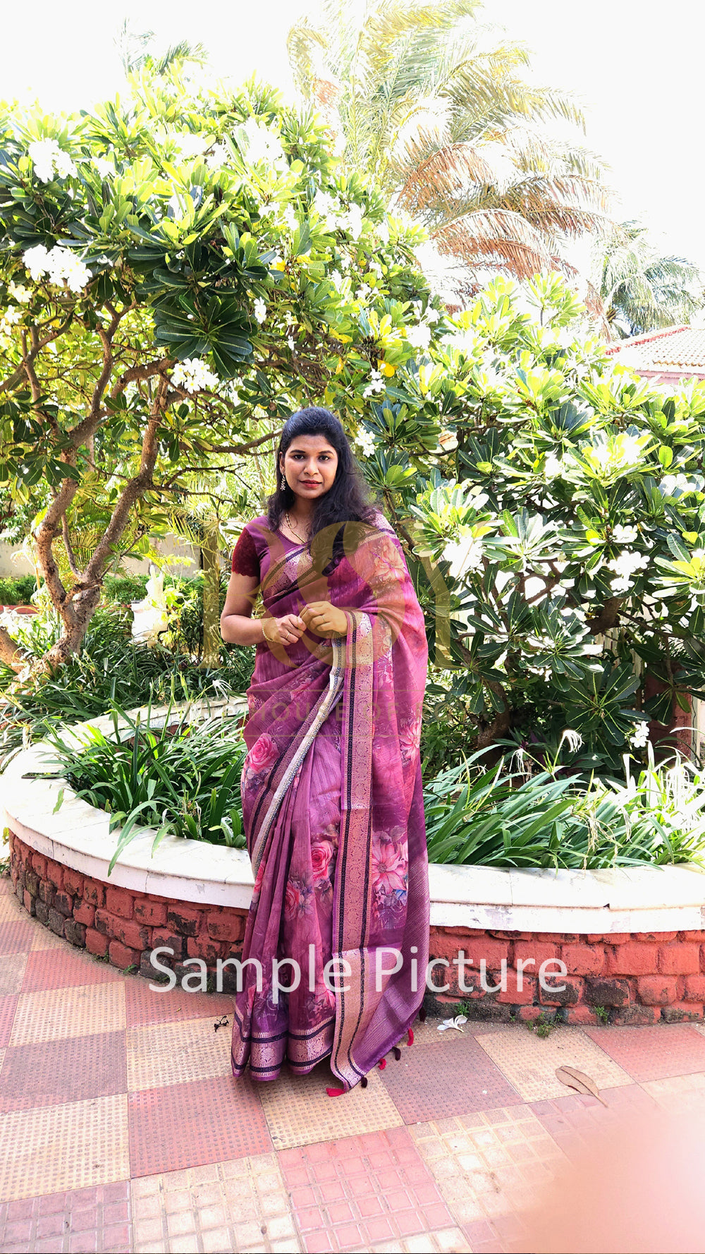 Wine Floral Print Chandheri Saree
