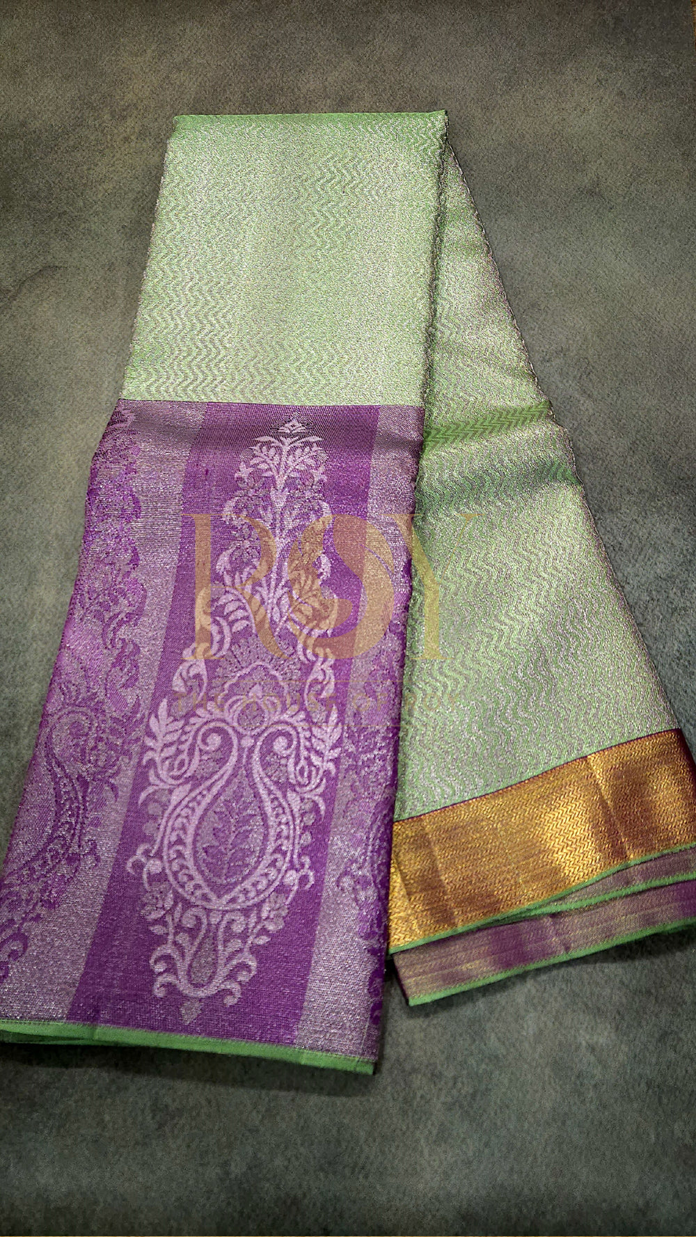 Pure Kancheepuram Silk Saree - Sage Green with Lavender