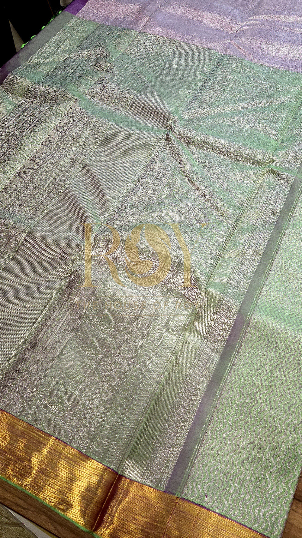 Pure Kancheepuram Silk Saree - Sage Green with Lavender