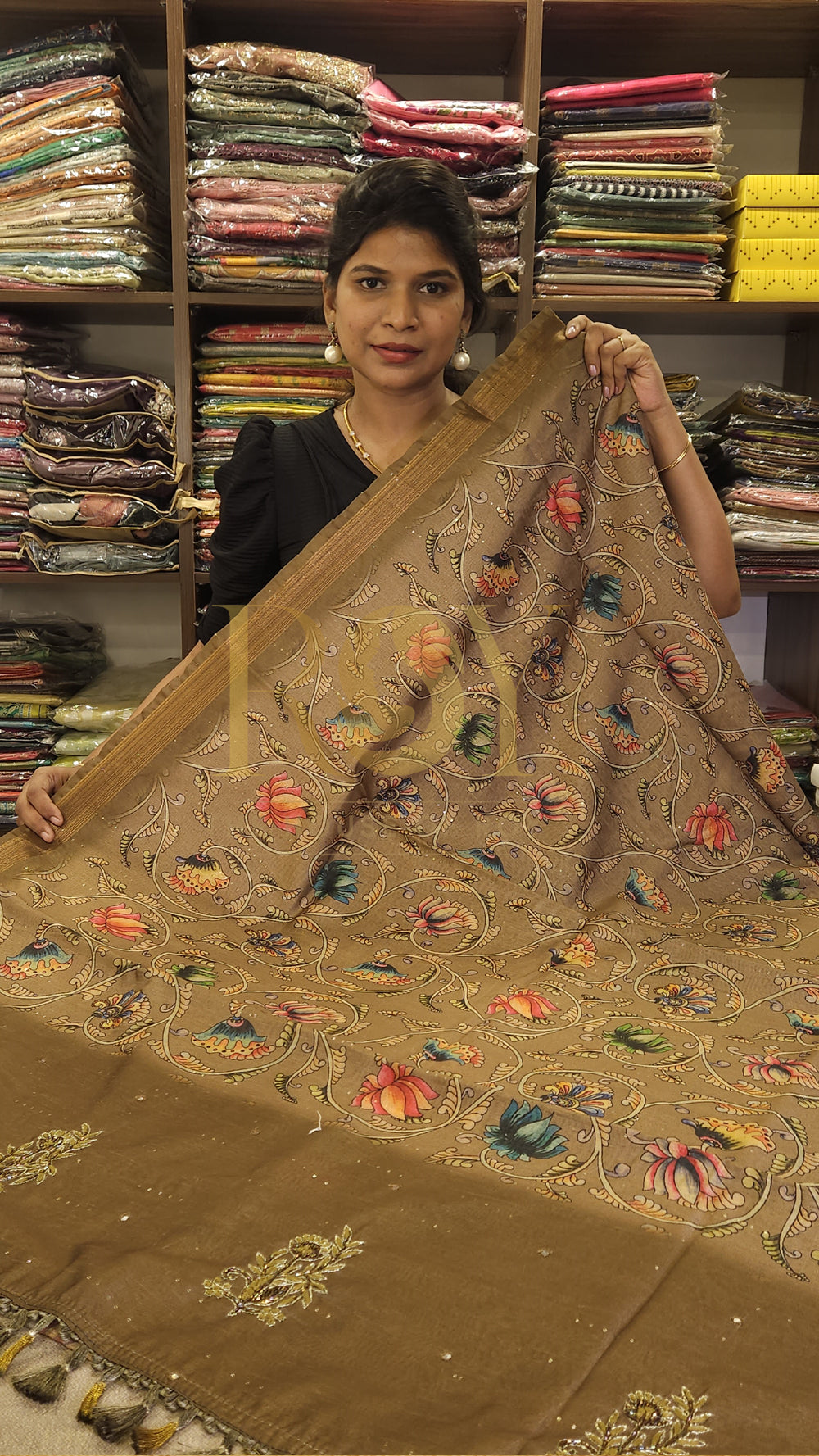 Khaki Green Printed Fancy Matka Silk Saree