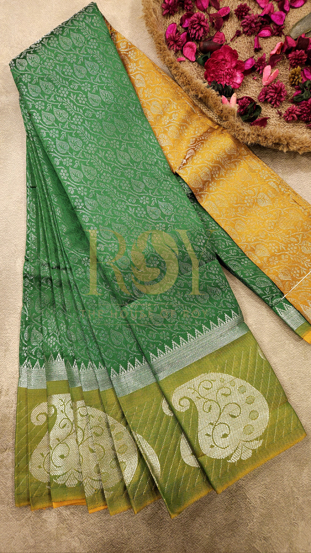 Leaf green with mustard silver zari, Mix silk saree