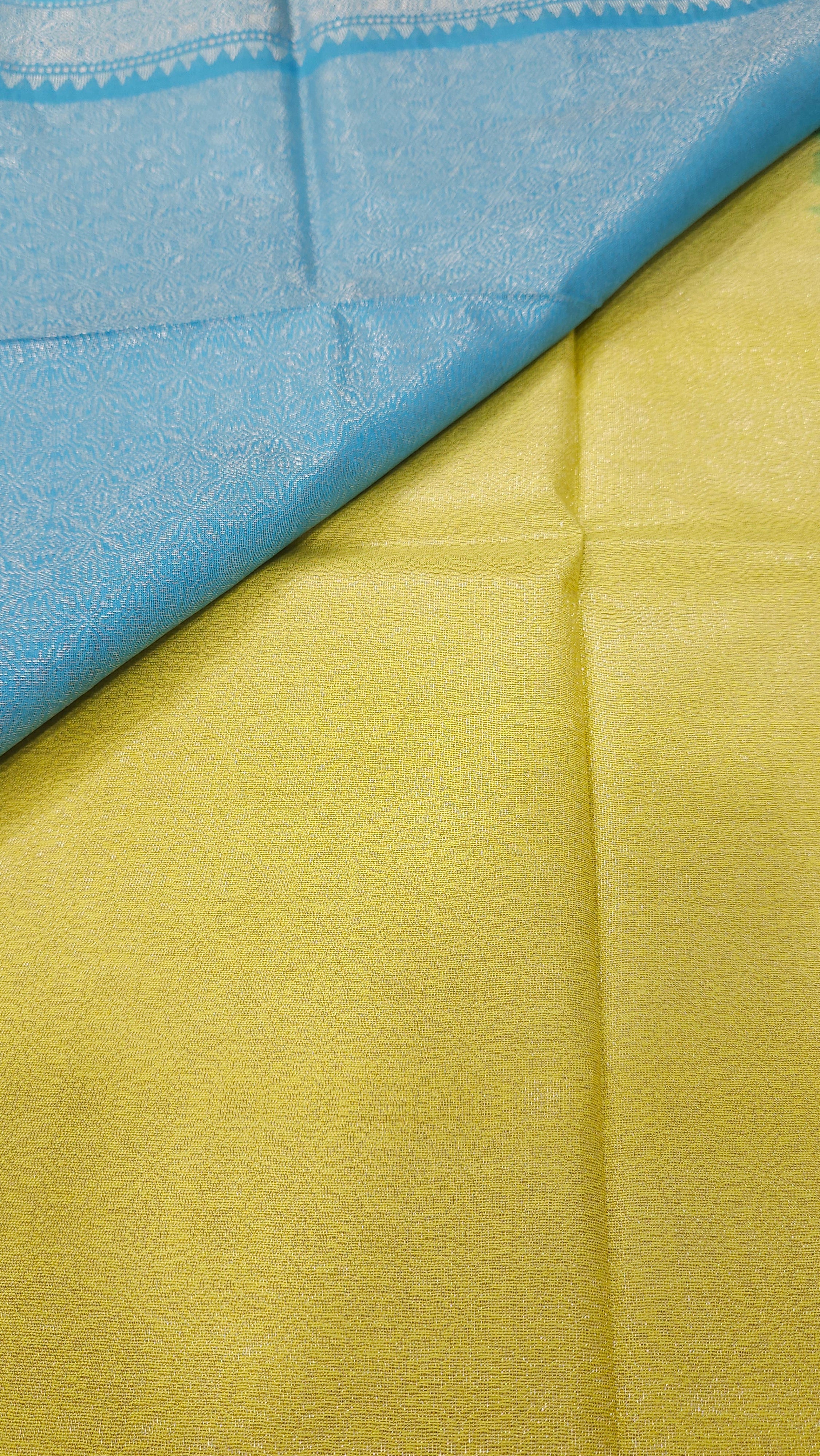 Lemon Yellow & Blue Silver Zari Saree