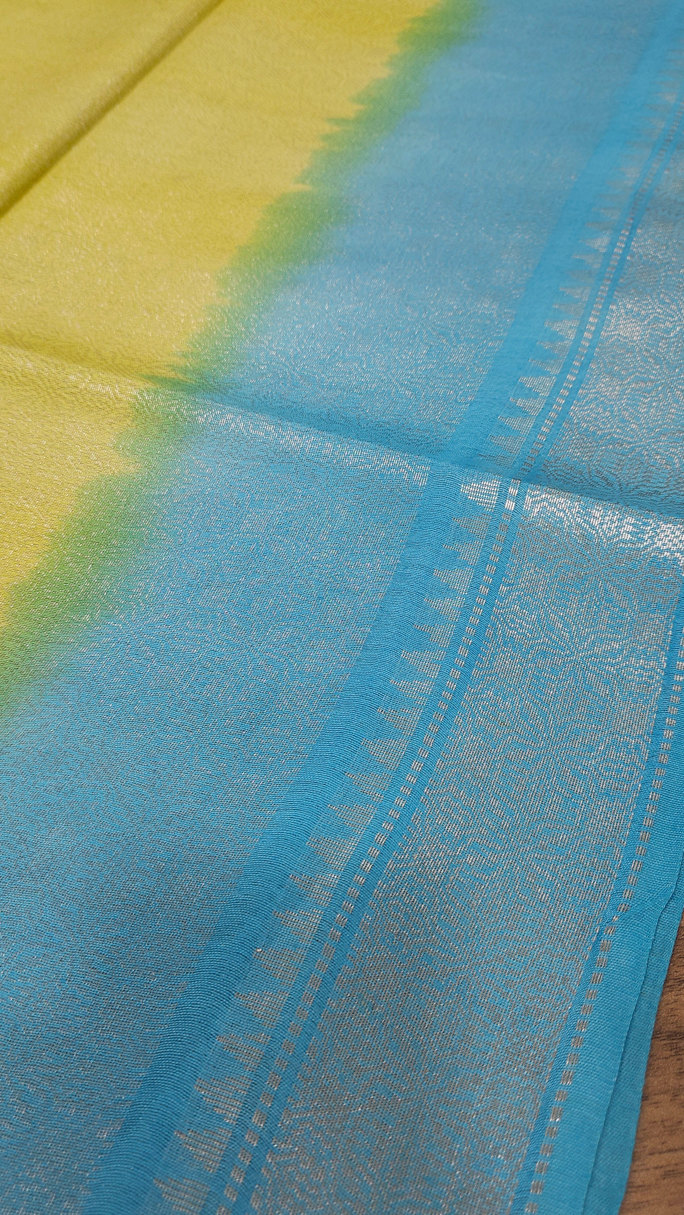 Lemon Yellow & Blue Silver Zari Saree