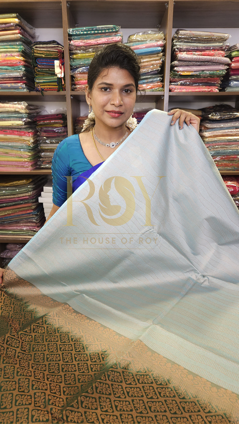 Light frozen blue Brocade silk saree