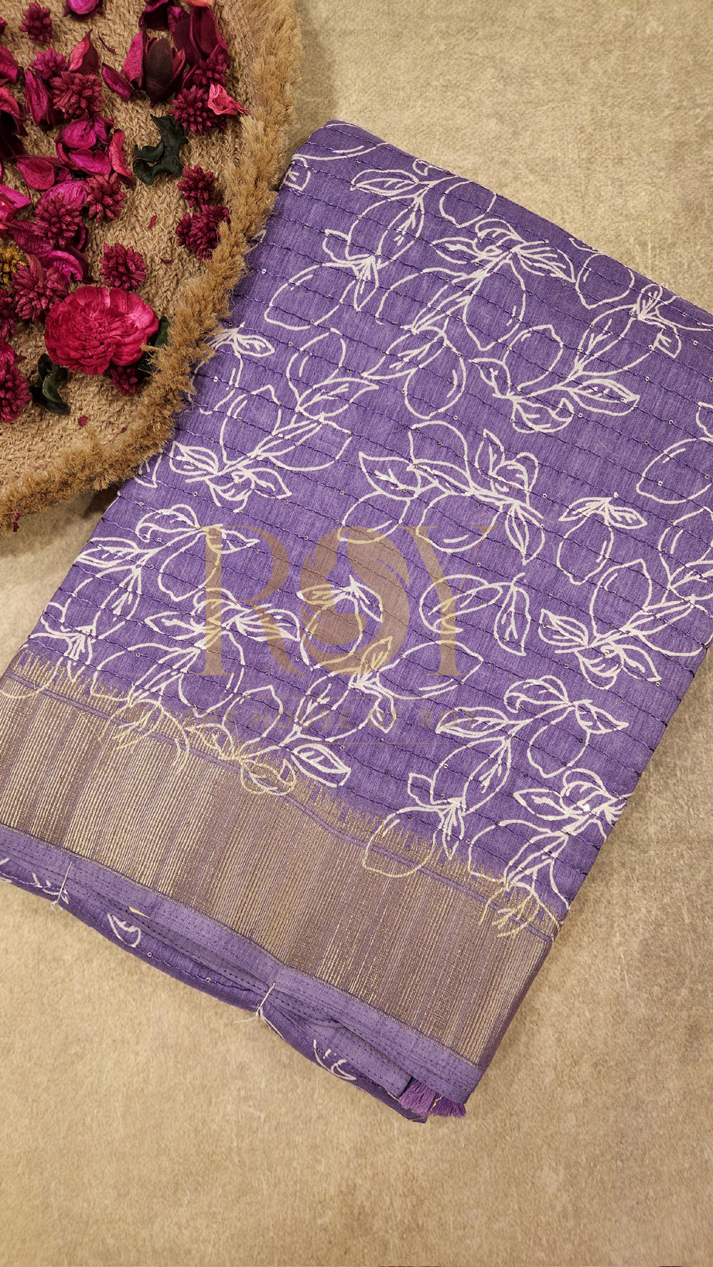 Lilac White Floral Print Sequinned Saree