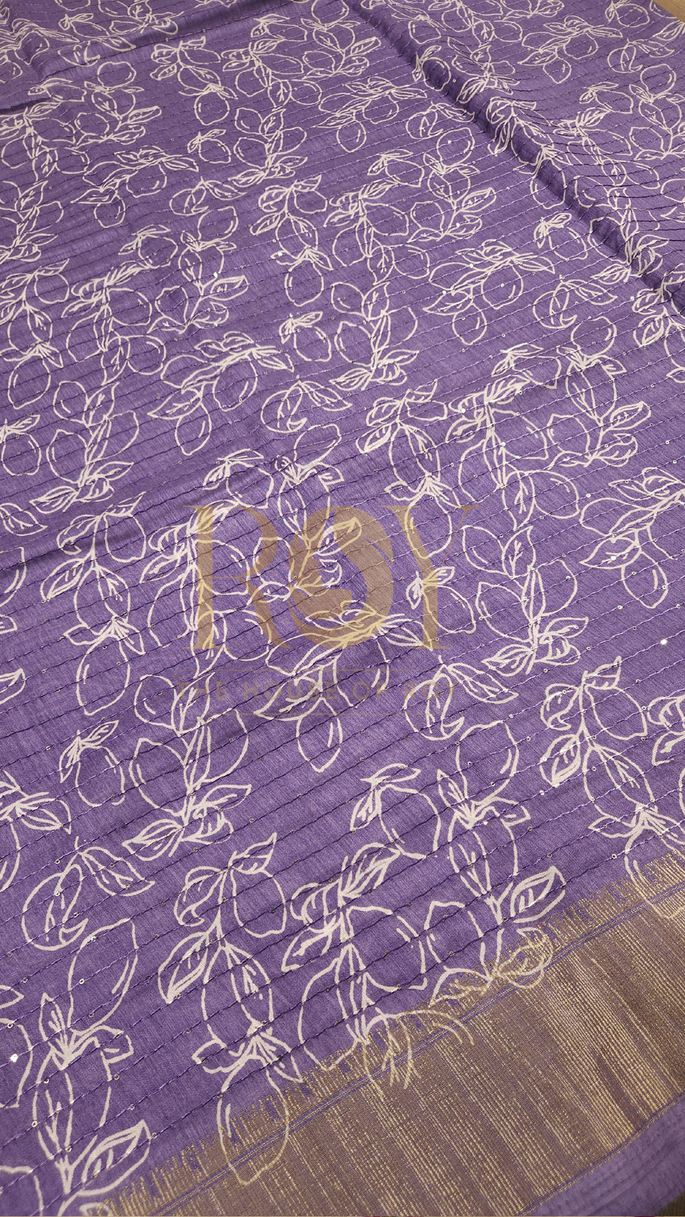 Lilac White Floral Print Sequinned Saree