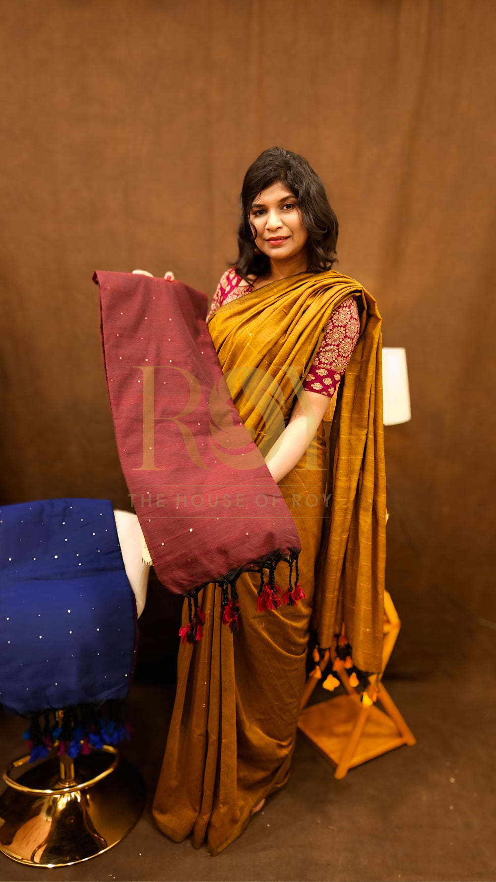 Maroon Sequinned Khadi Mul Cotton Saree