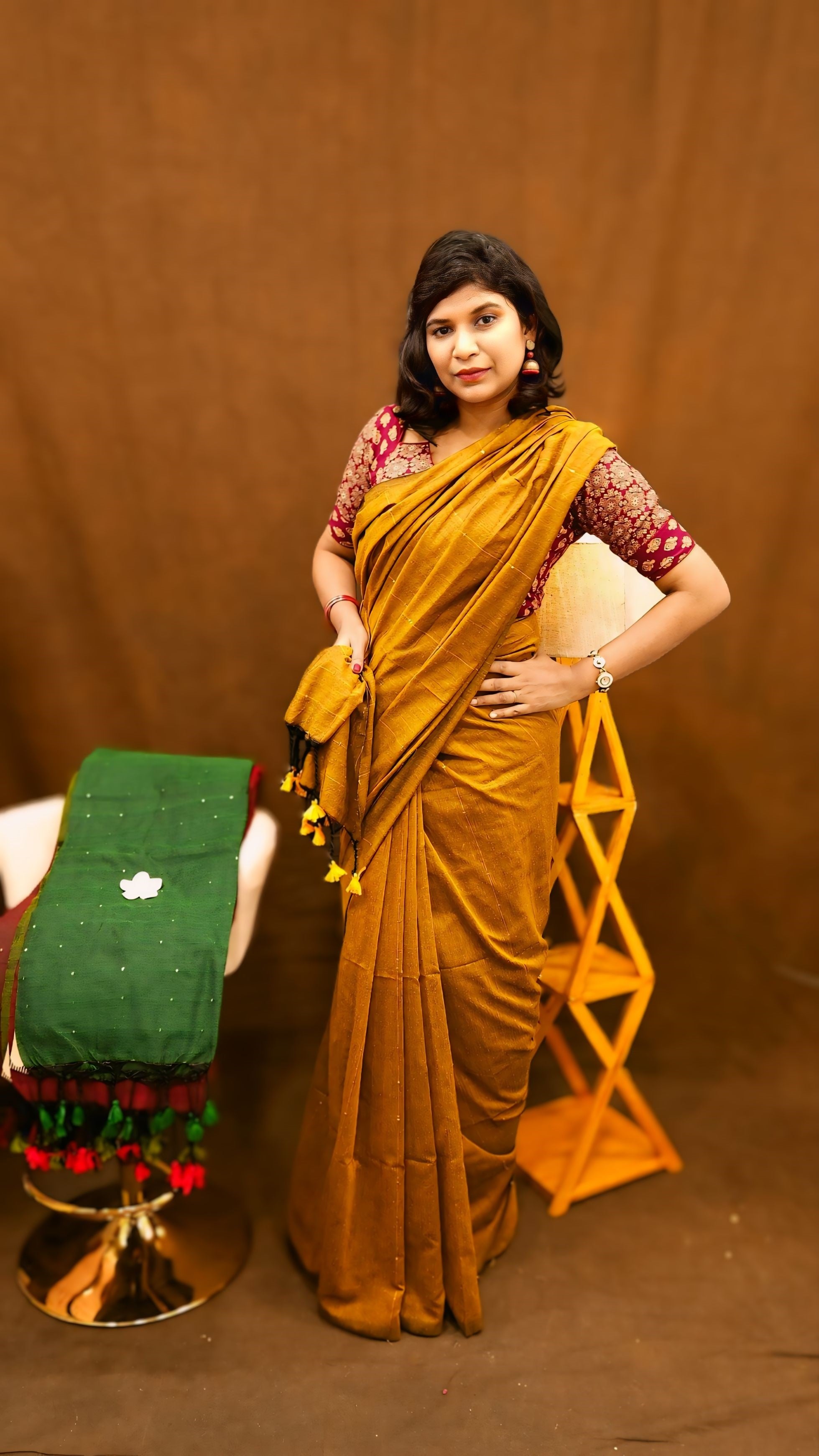 Mustard Sequinned Khadi Mul Cotton Saree