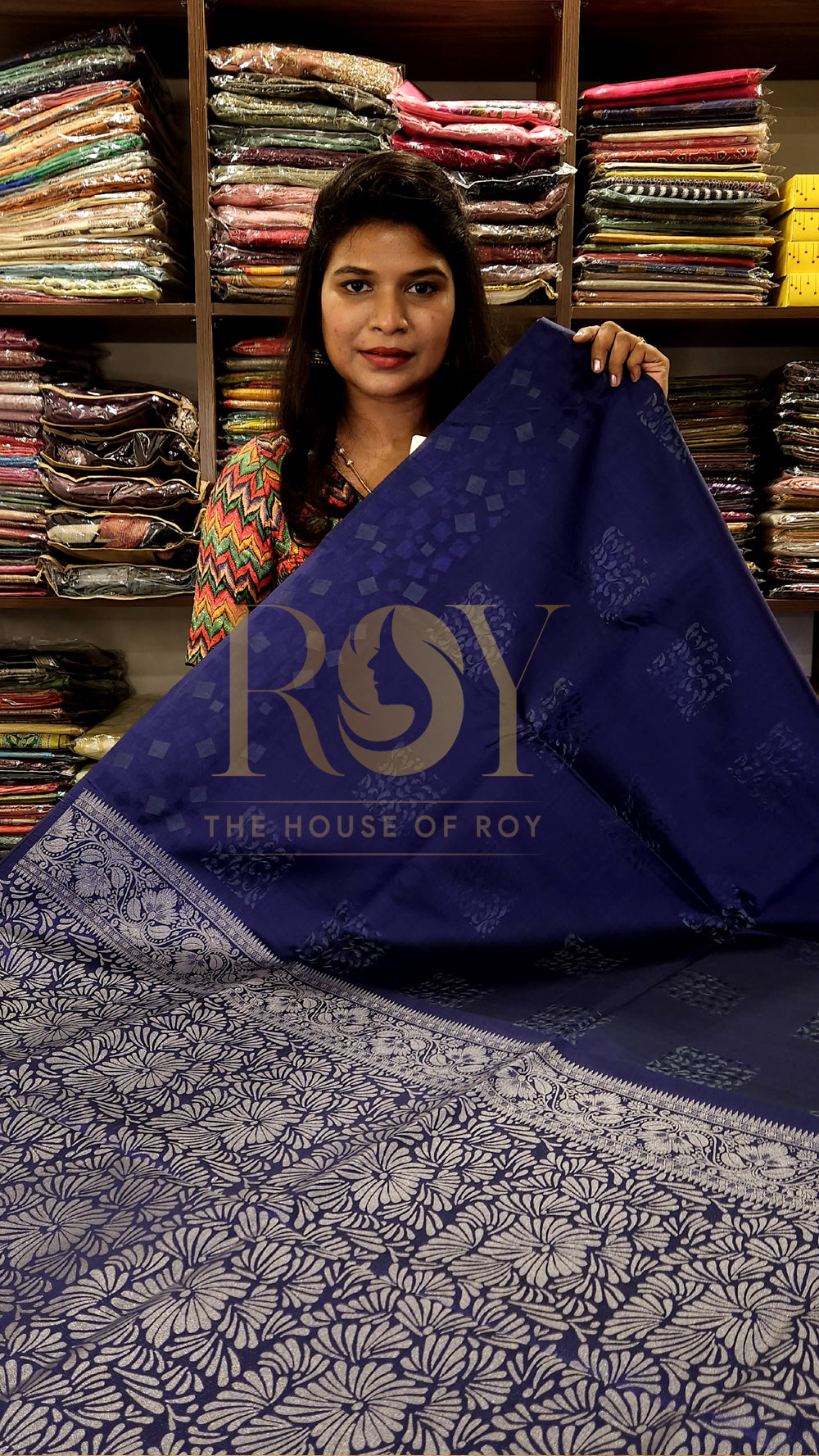 Navy blue Embossed silk