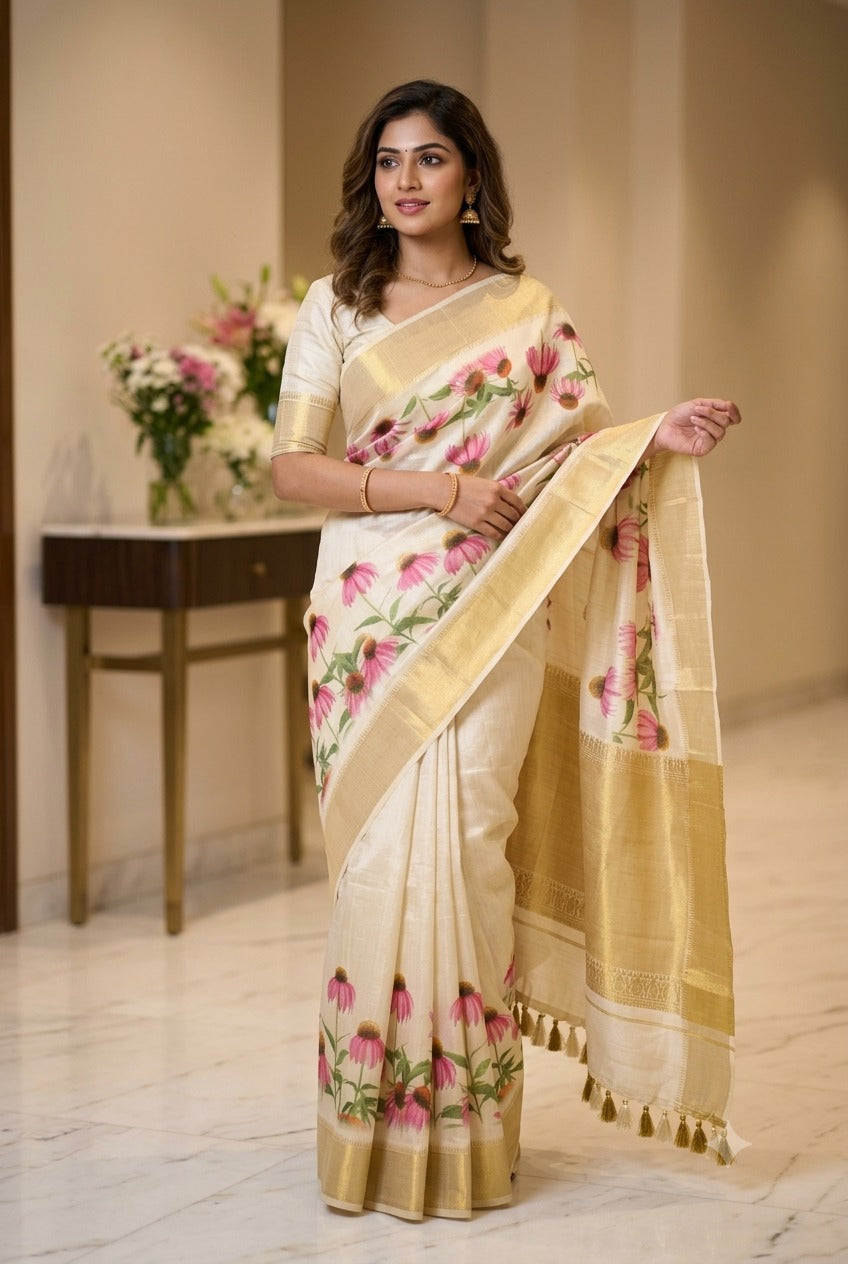 Raw Silk Pink Floral Kasavu Saree