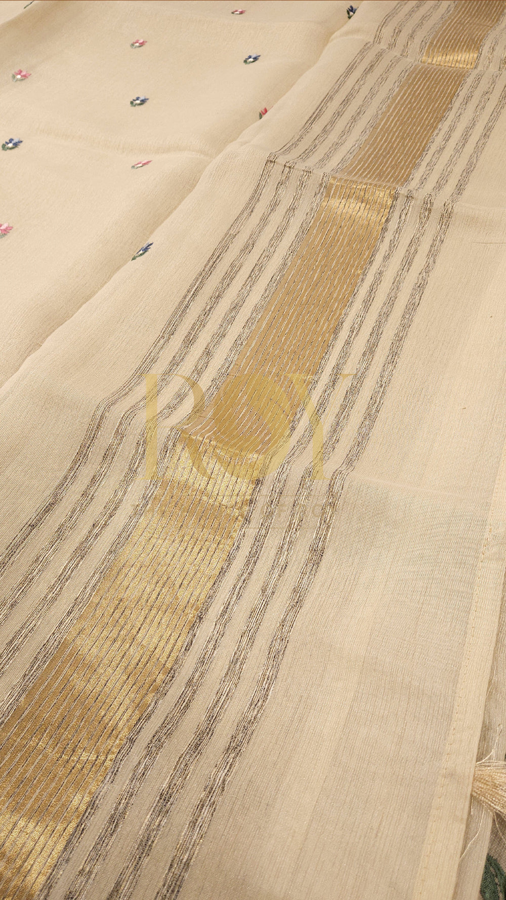 Off White Floral Embroidered Chandheri Silk Saree