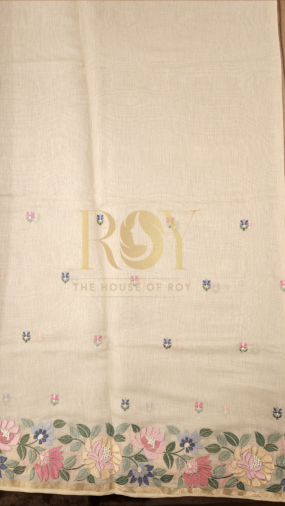 Off White Floral Embroidered Chandheri Silk Saree