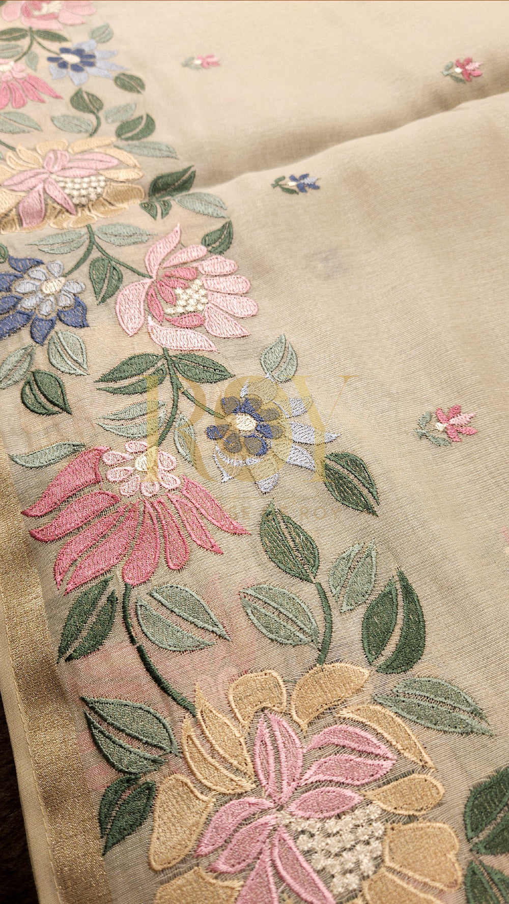 Off White Floral Embroidered Chandheri Silk Saree