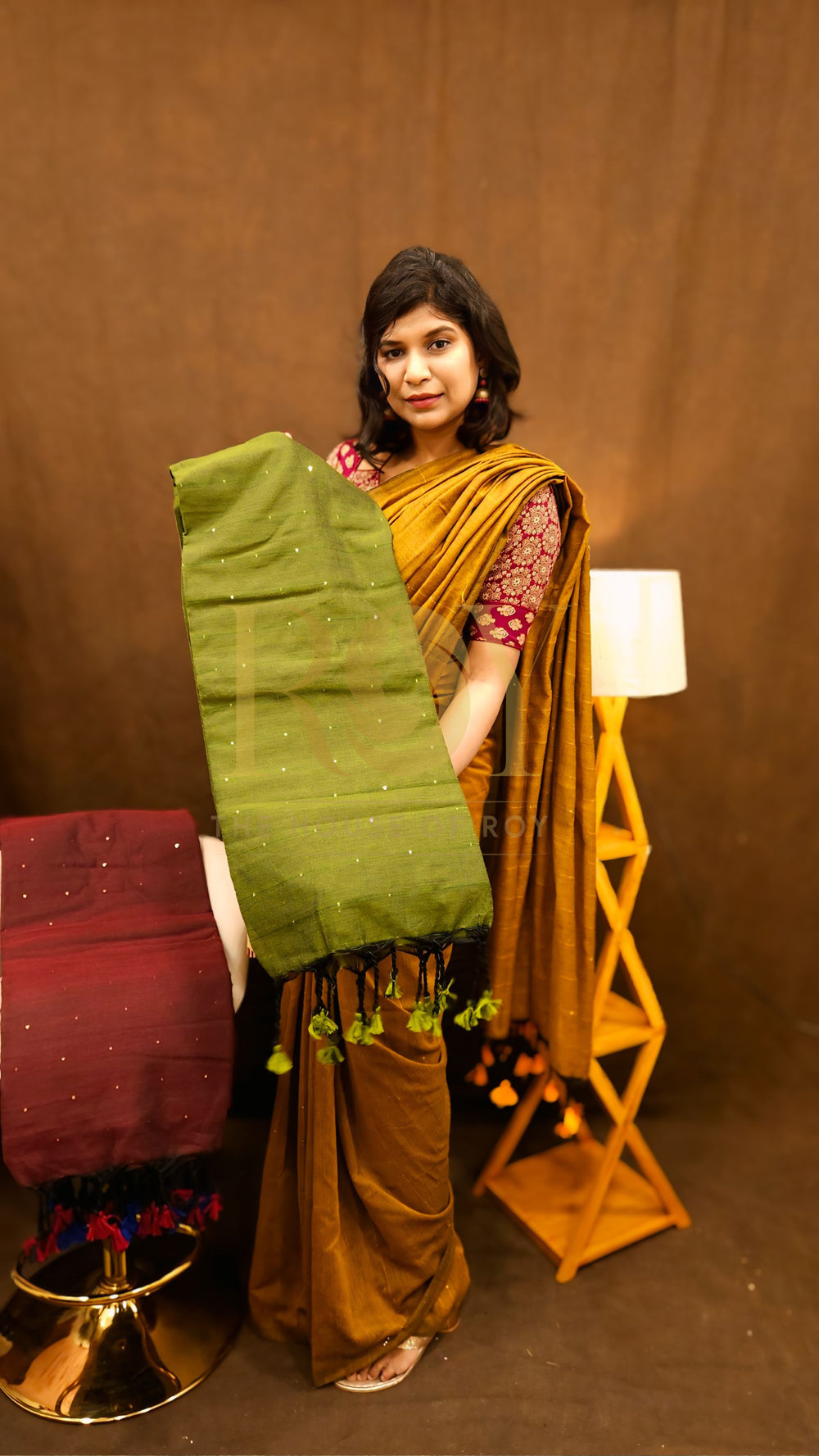 Olive Green Sequinned Khadi Mul Cotton Saree