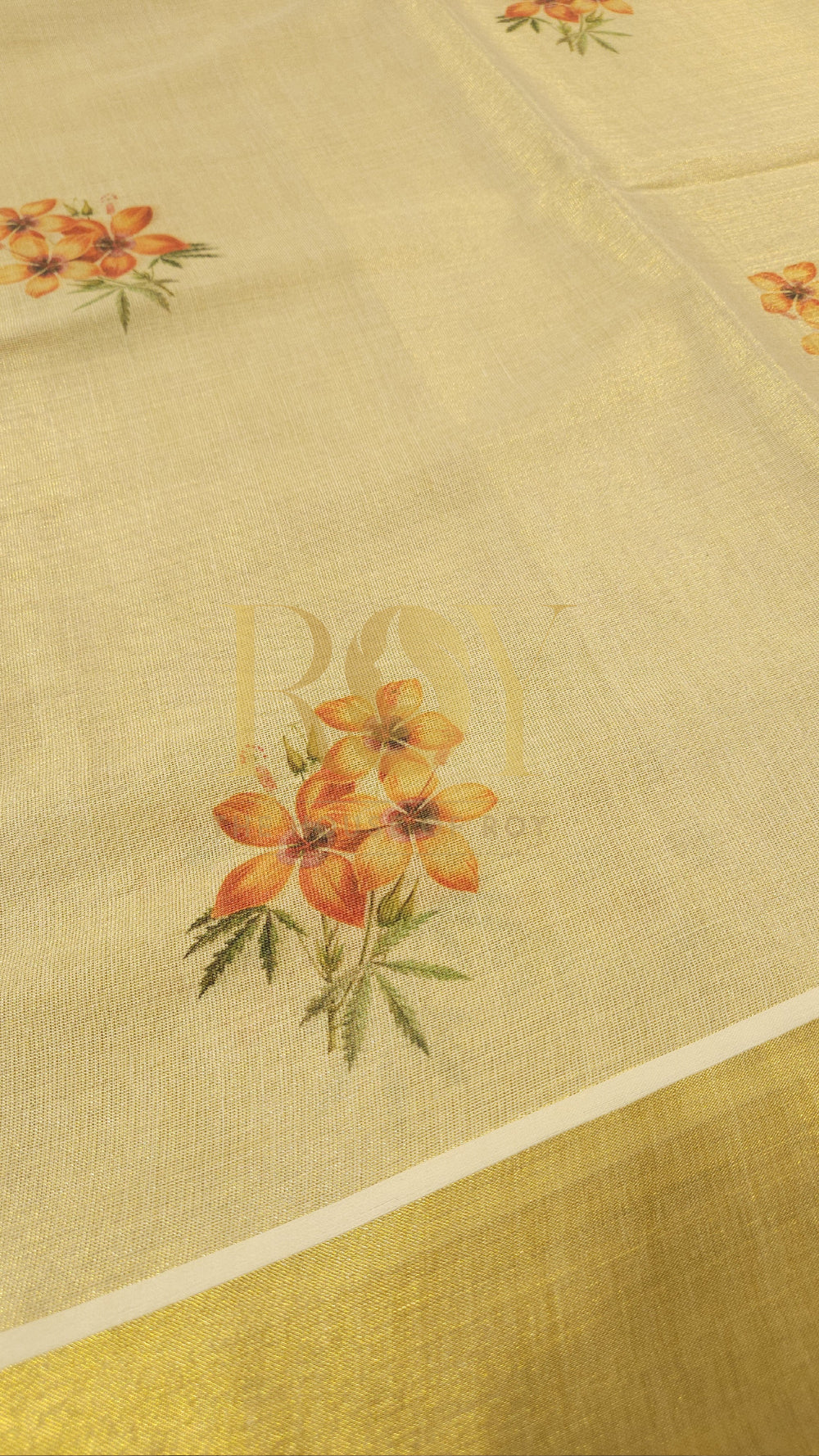 Orange Floral Tissue Silk Kasavu Saree