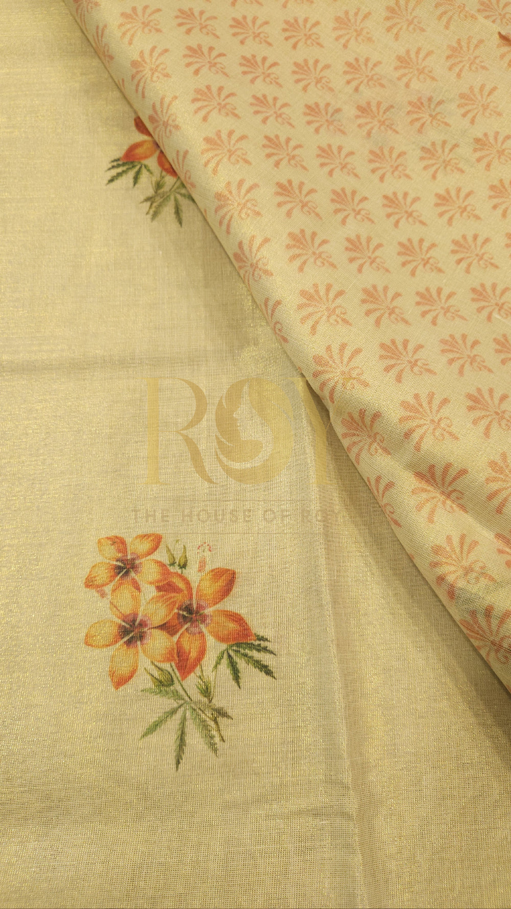 Orange Floral Tissue Silk Kasavu Saree