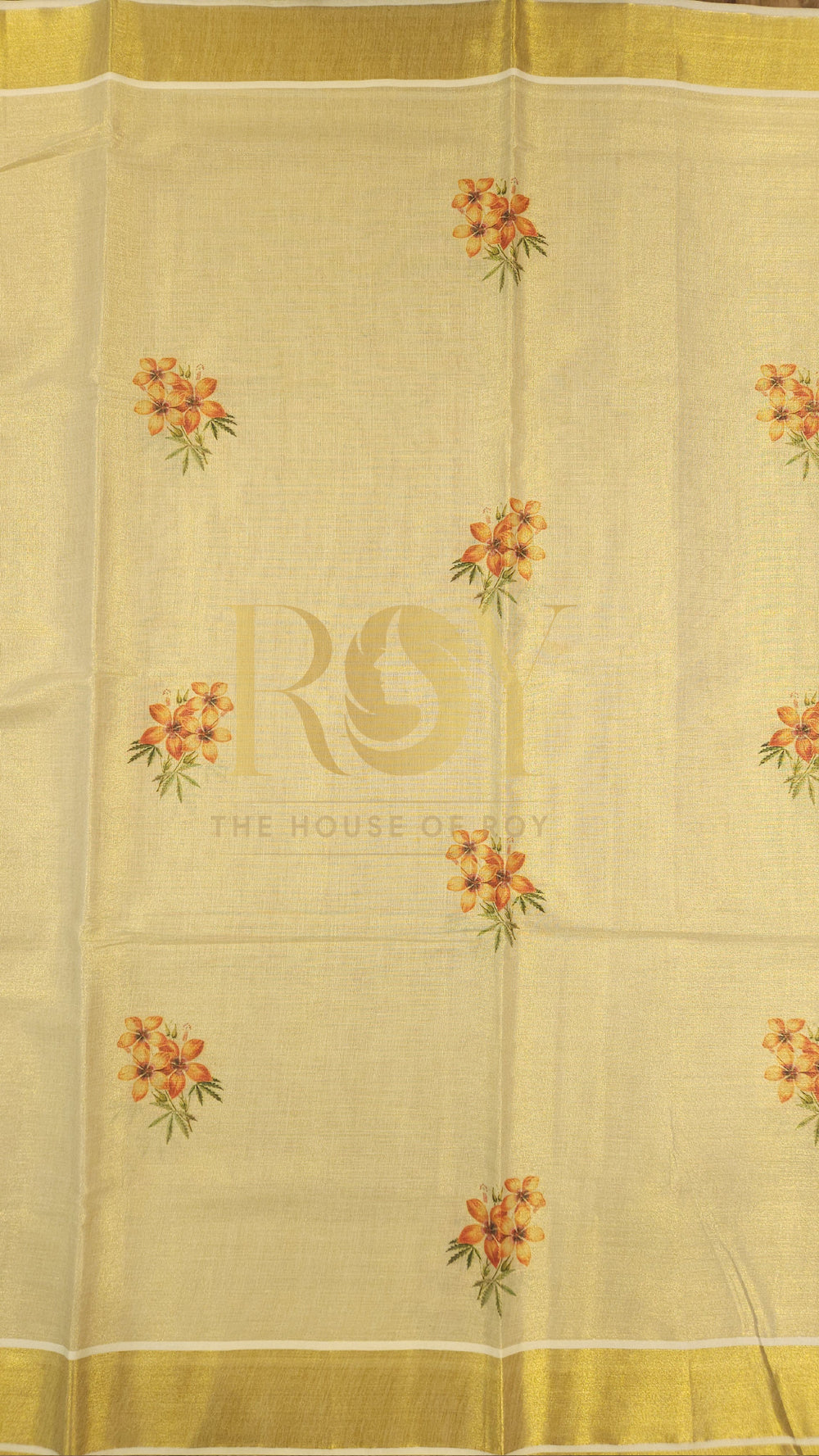 Orange Floral Tissue Silk Kasavu Saree