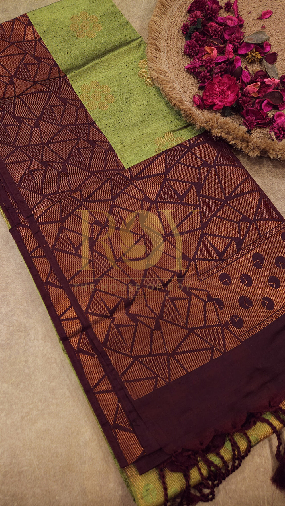 Parrot Green with Coffee Brown Copper Saree