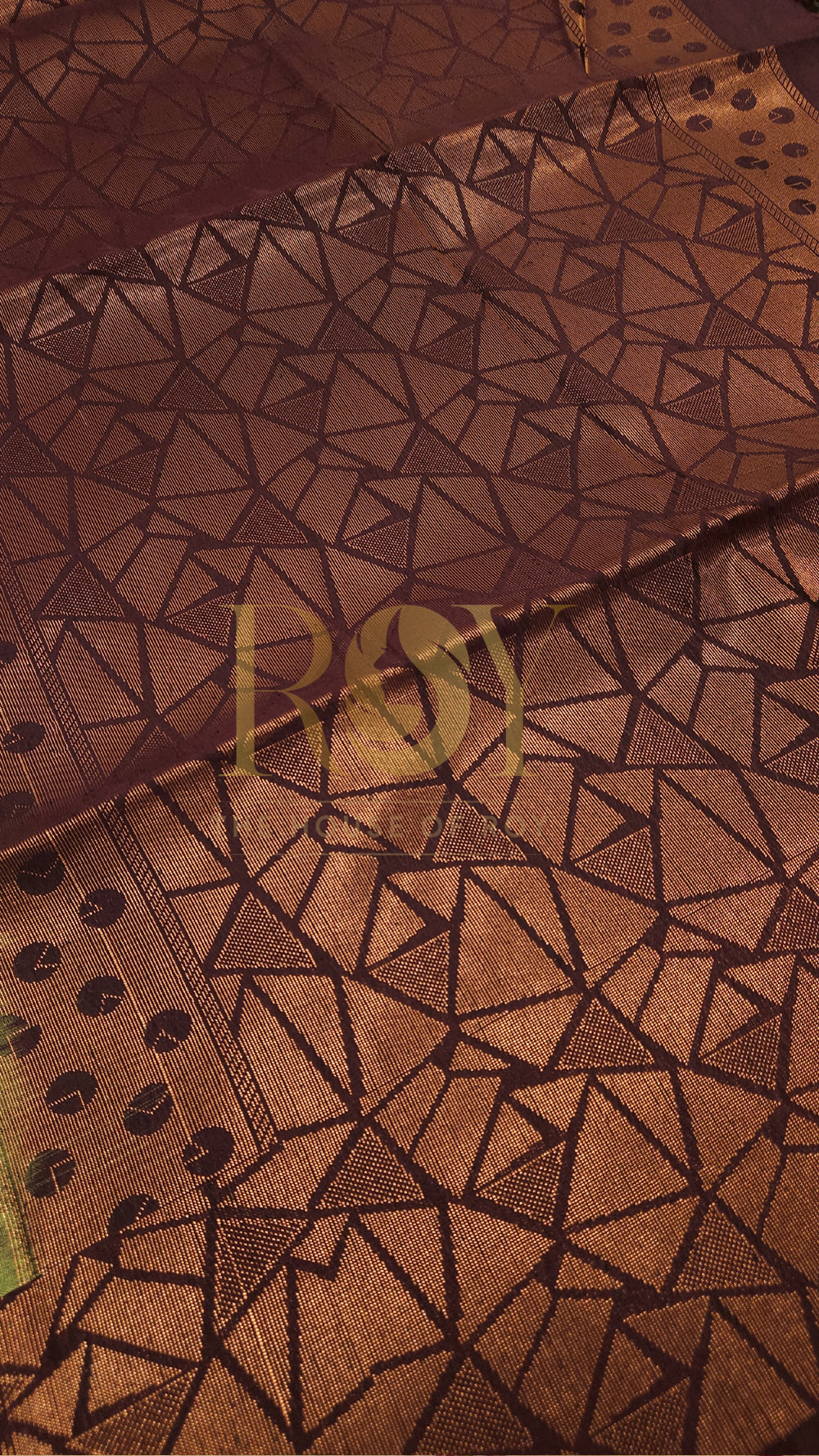 Parrot Green with Coffee Brown Copper Saree