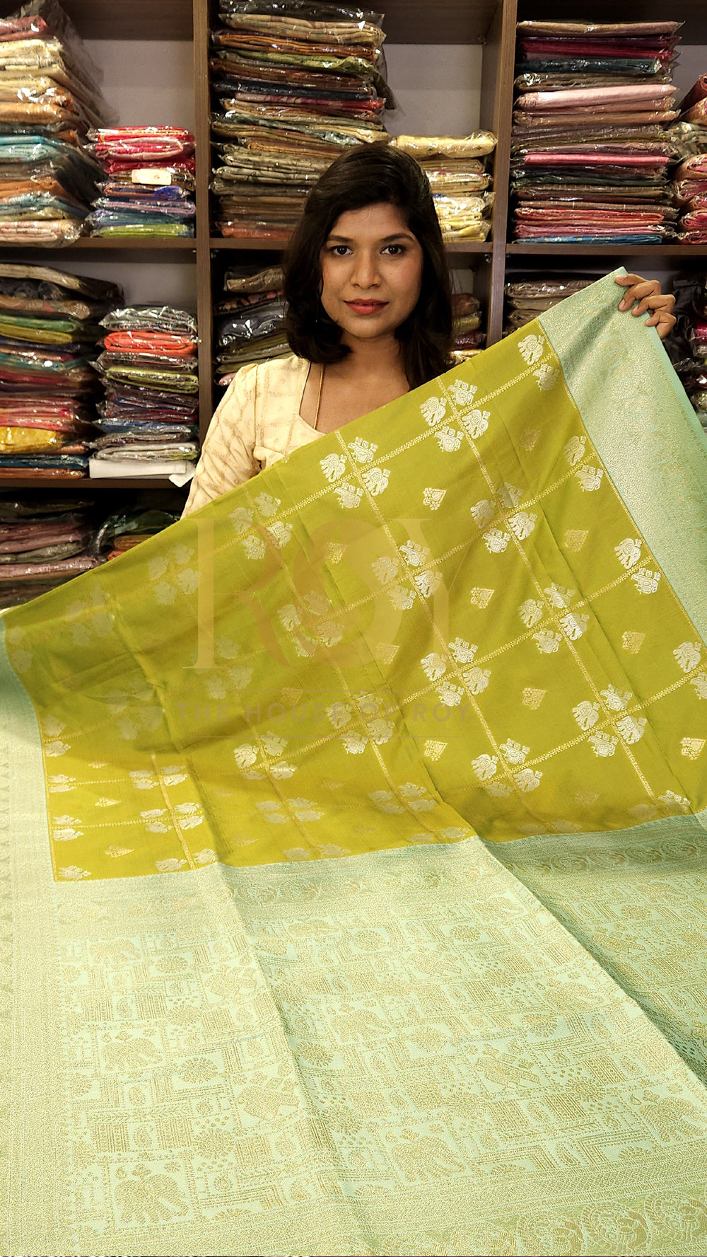Parrot green with mint green kattam zari mix soft silk