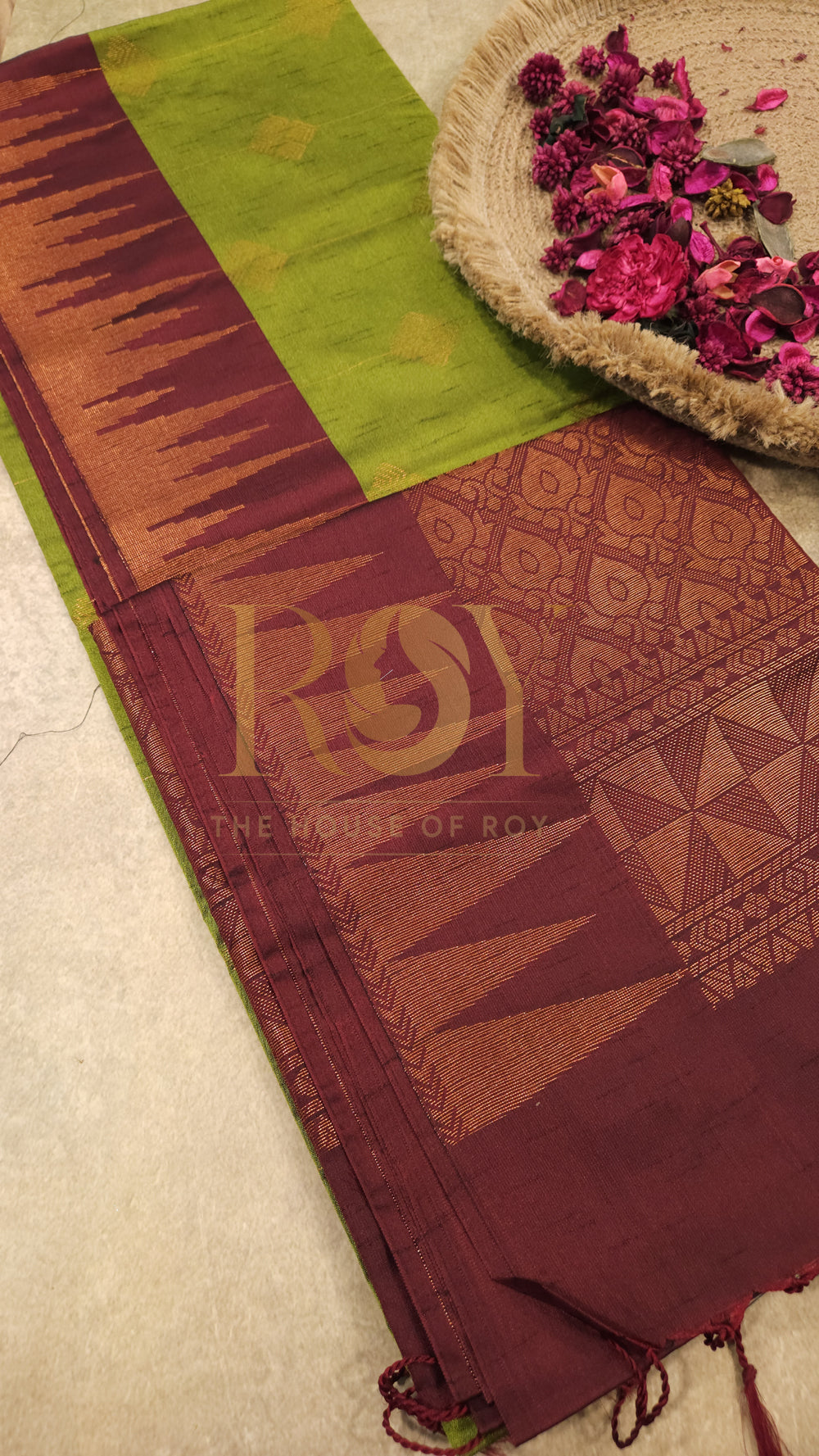 Parrot Green with Maroon Copper Zari Slub Silk Saree