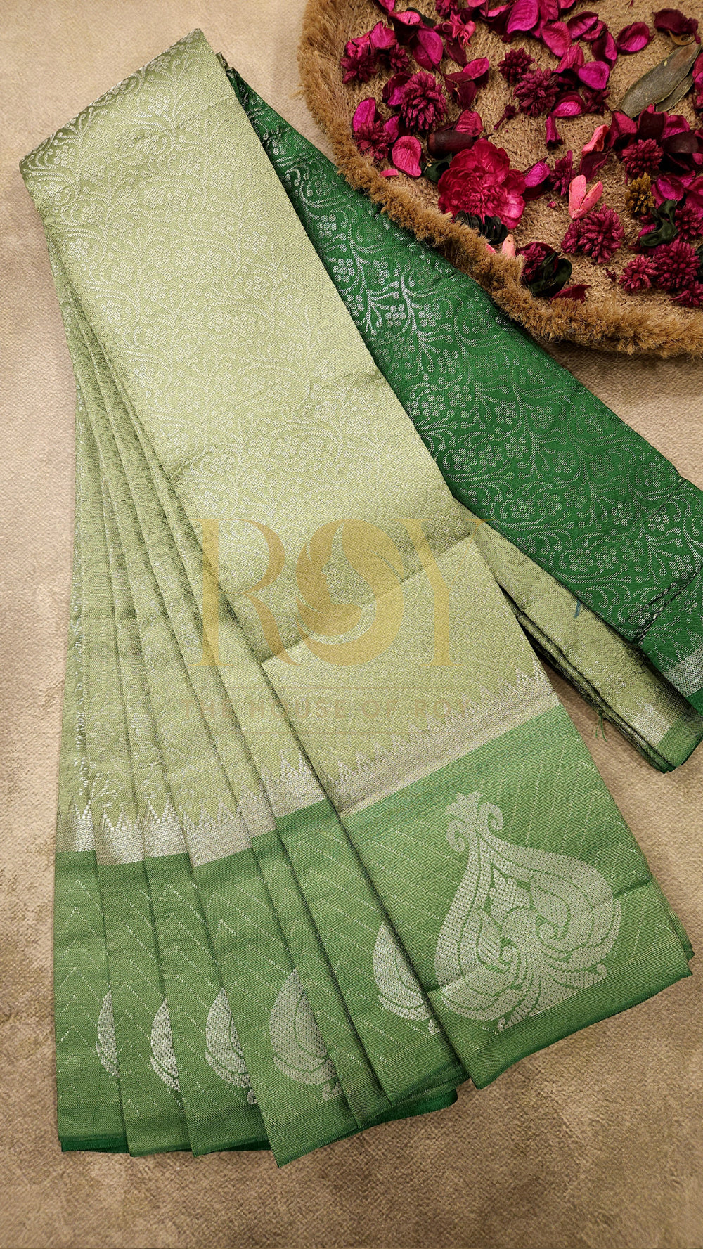 Pastel green with leaf green silver zari Mix silk saree