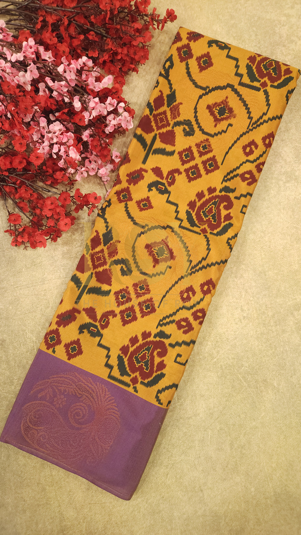 Patola Print Silk Cotton Saree in Amber Yellow