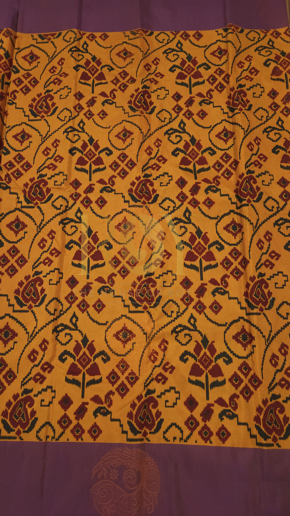 Patola Print Silk Cotton Saree in Amber Yellow