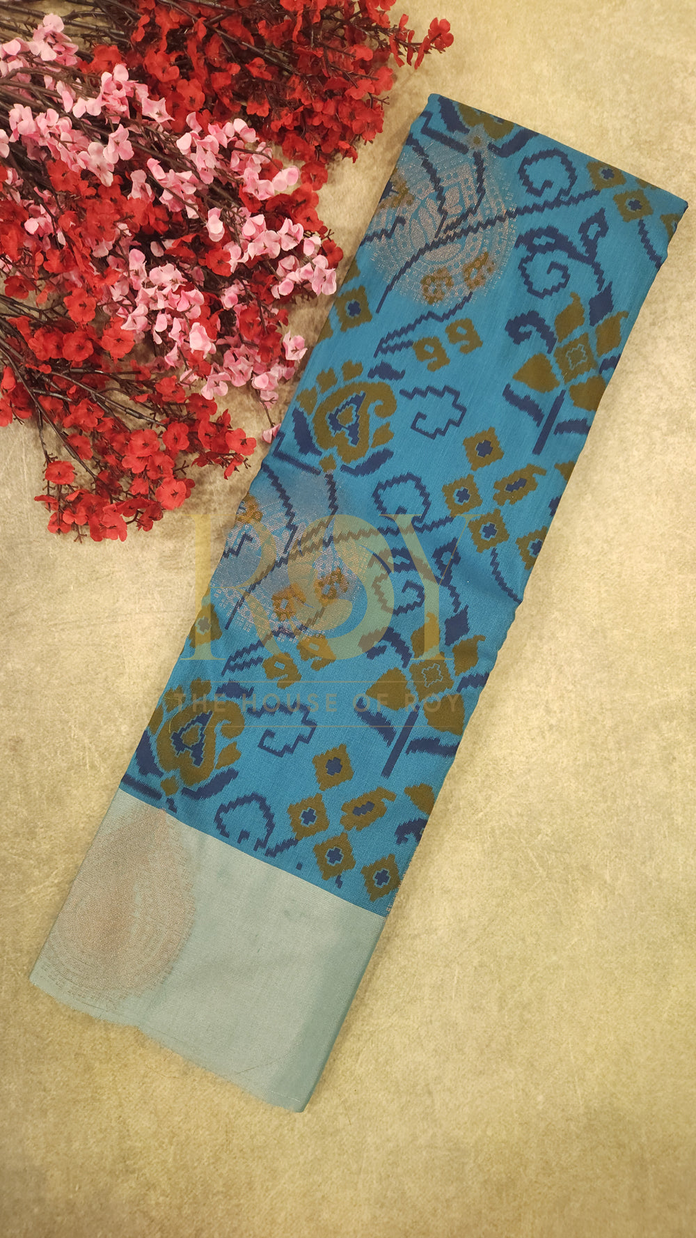 Patola Print Silk Cotton Saree in Firozi Blue