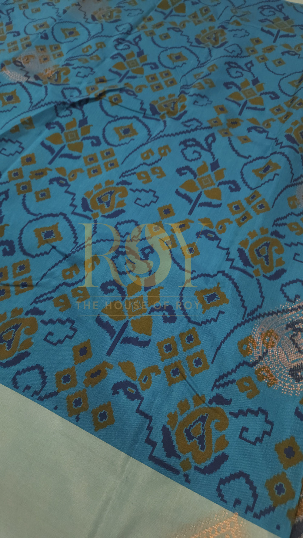 Patola Print Silk Cotton Saree in Firozi Blue