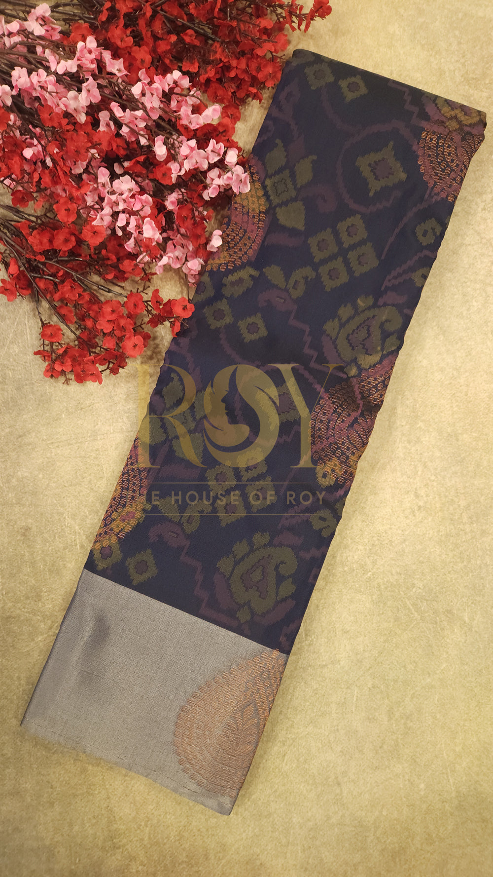 Patola Print Silk Cotton Saree in Navy Blue