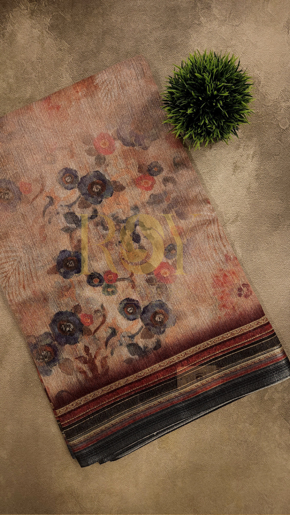 Peach Floral Print Linen Silk Saree