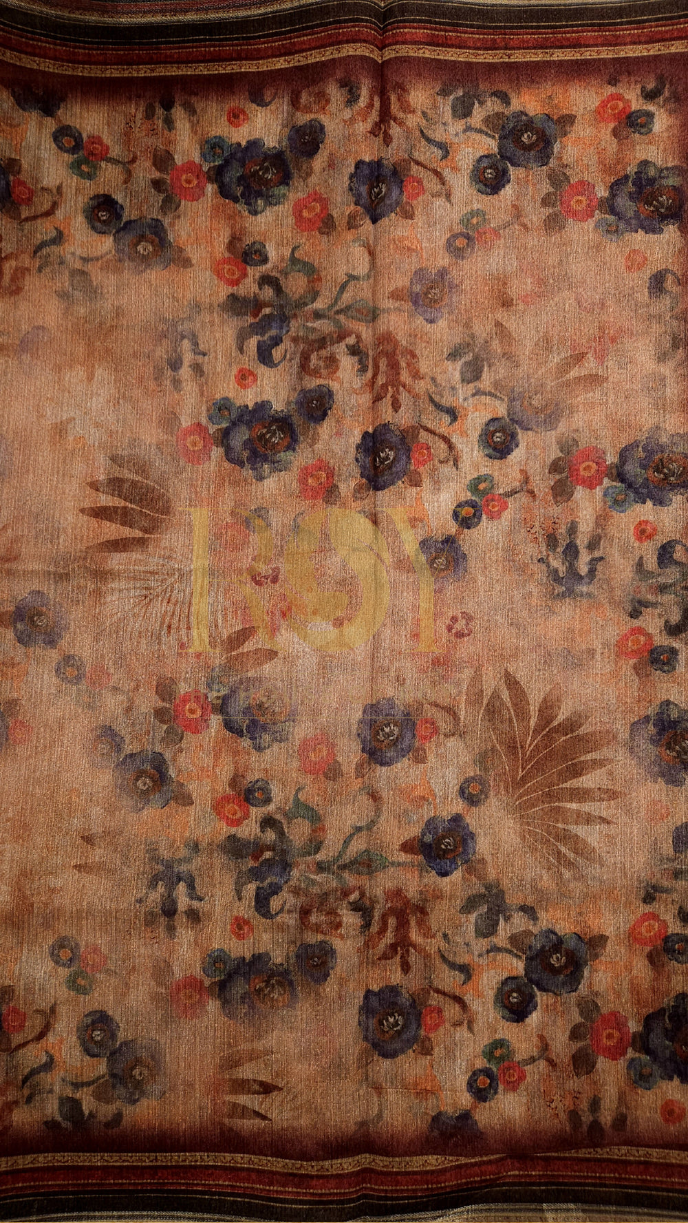 Peach Floral Print Linen Silk Saree