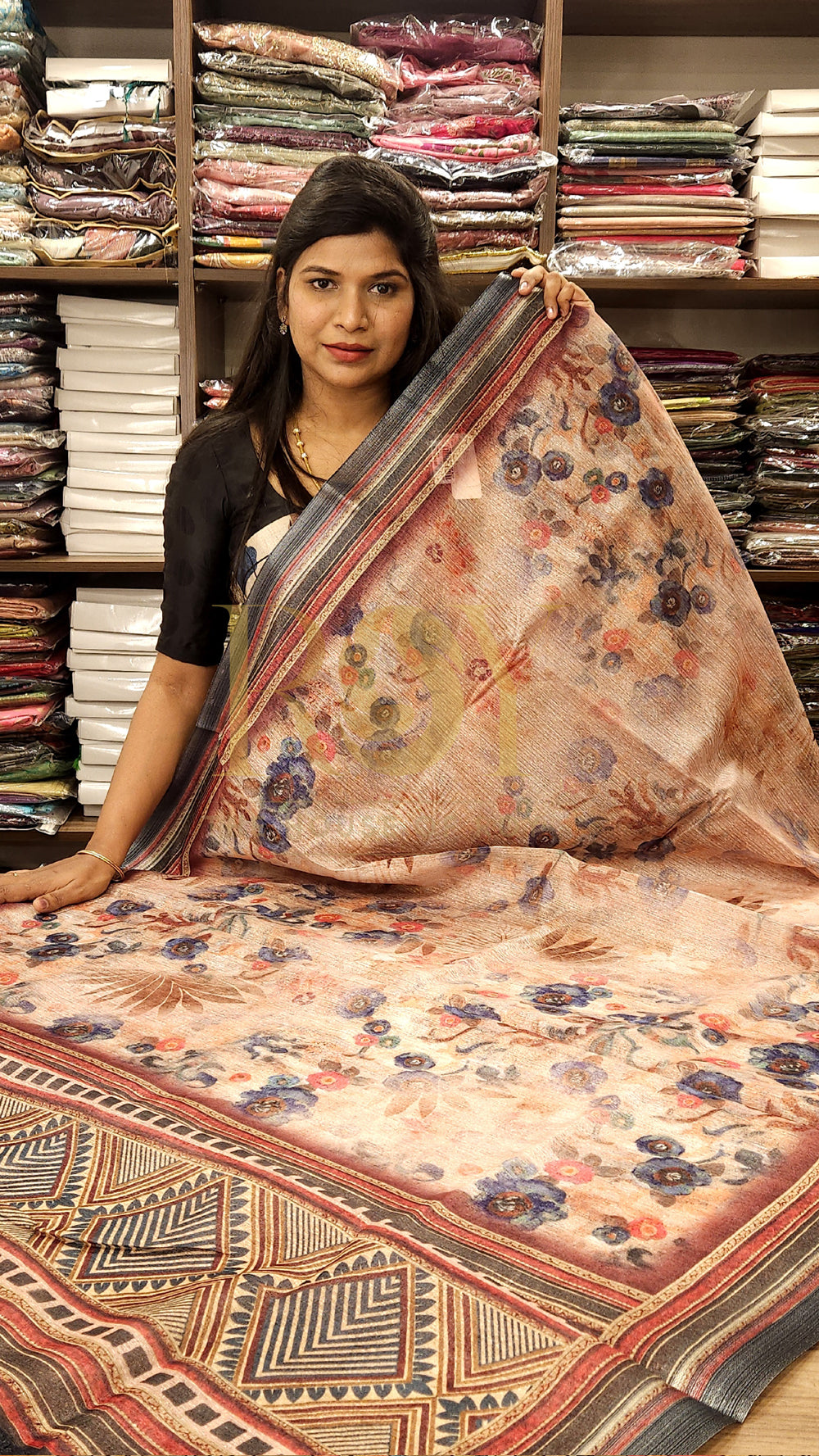 Peach Floral Print Linen Silk Saree