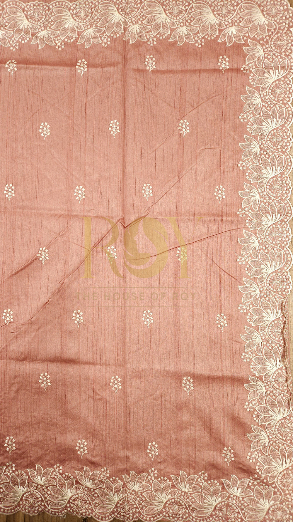 Peach Mix Tussar White Embroidered Saree