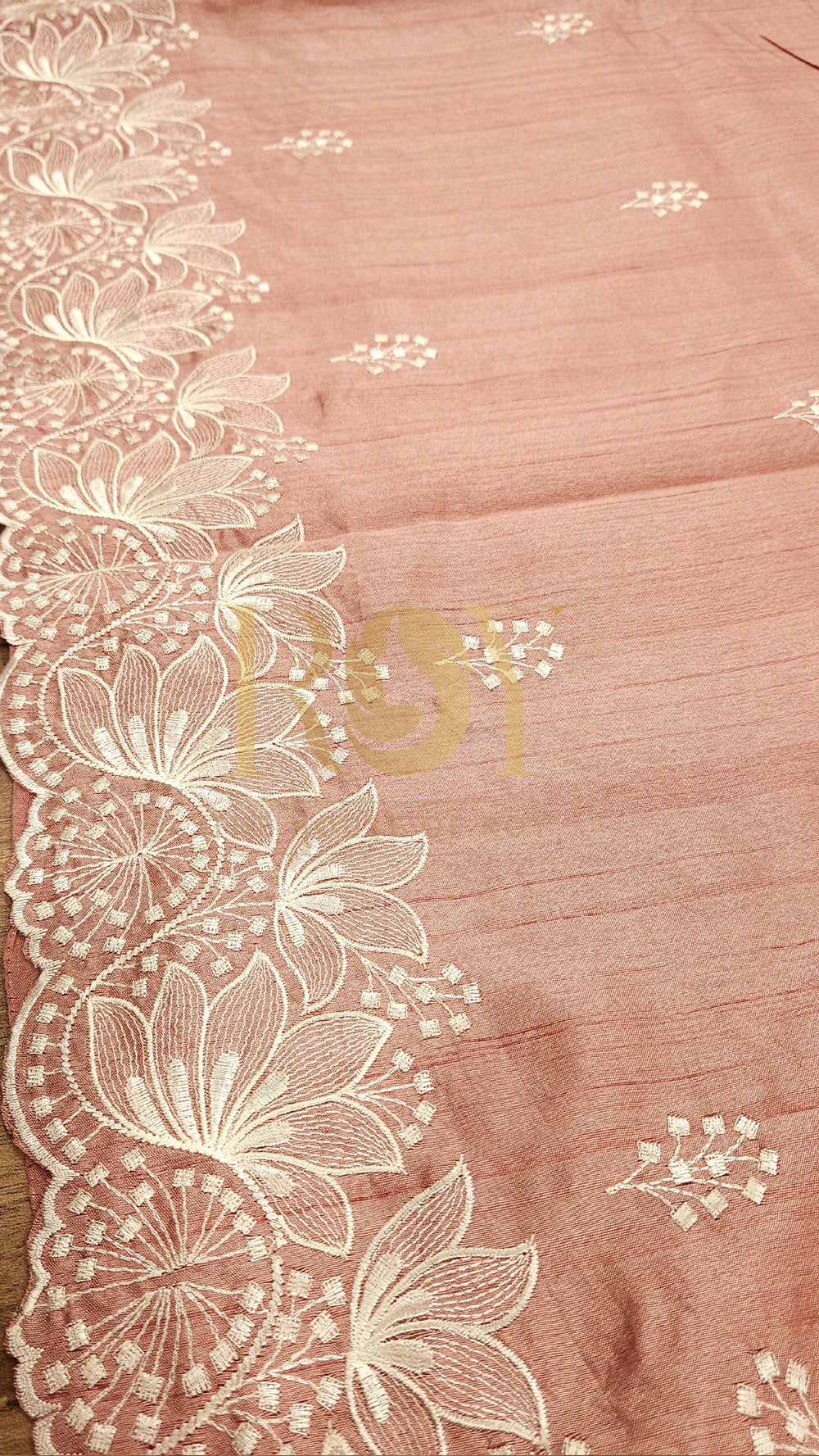Peach Mix Tussar White Embroidered Saree